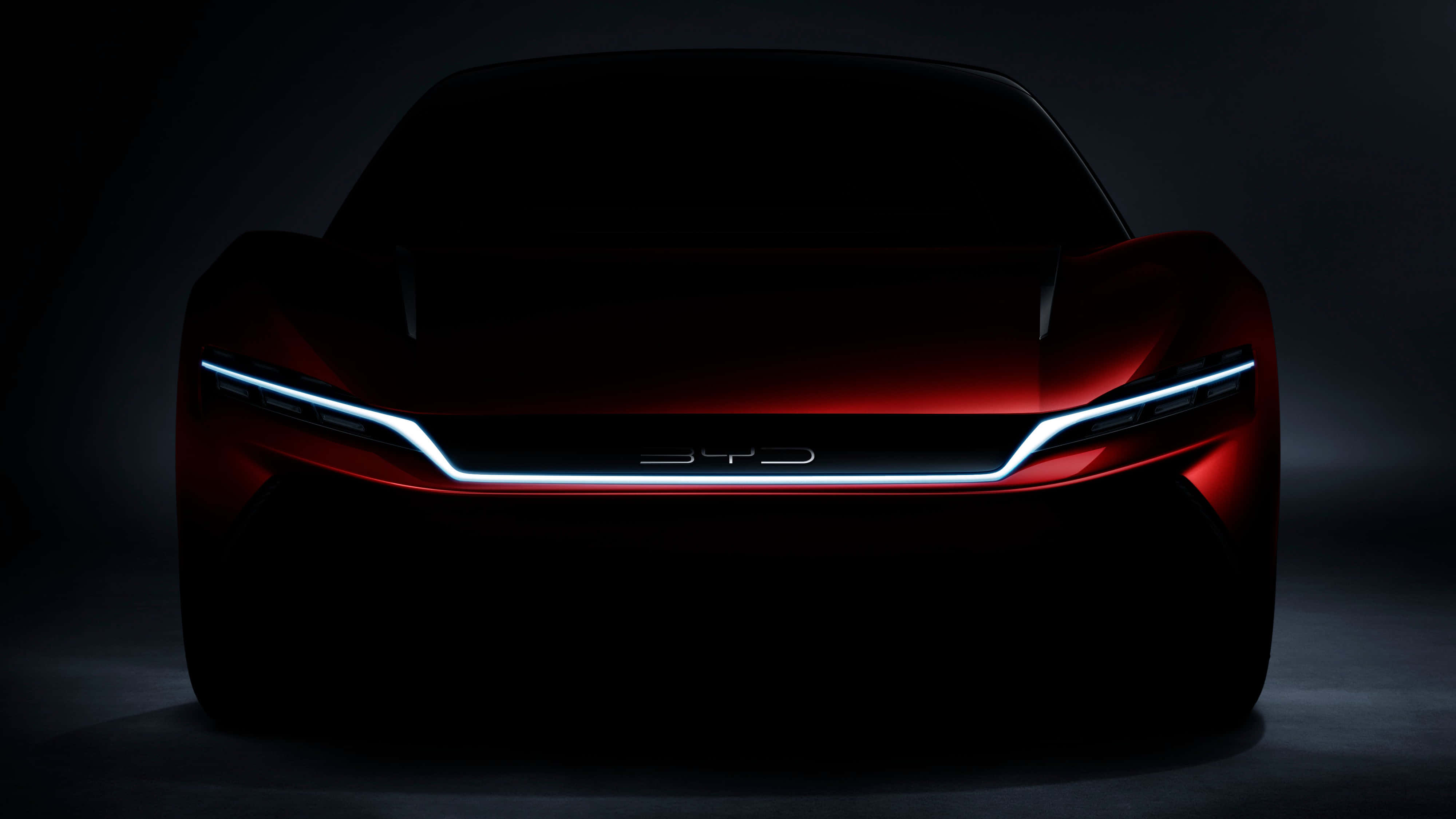 Byd, sleek red futuristic car, sharp white headlights, 4K Desktop Wallpaper