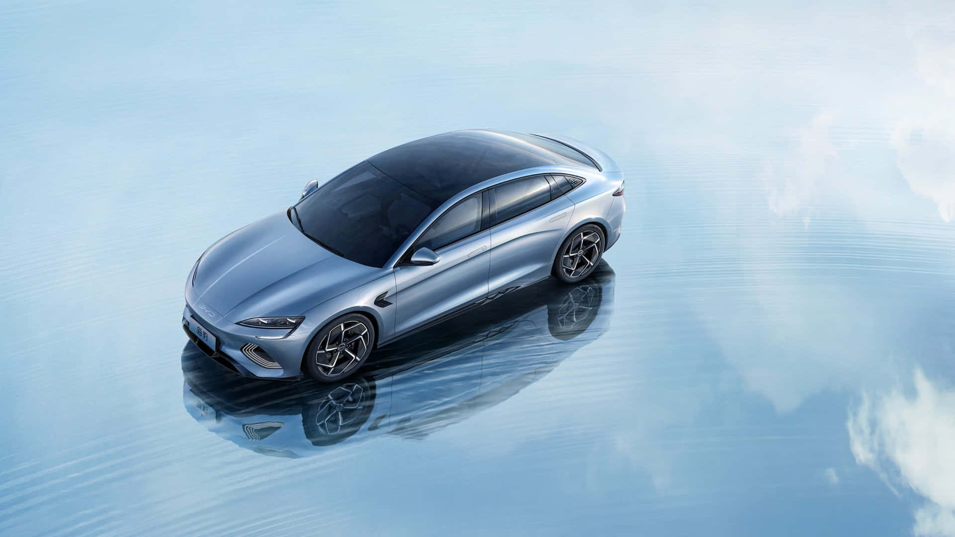 BYD, sleek silver electric car, glassy blue surface, Full HD Desktop Wallpaper