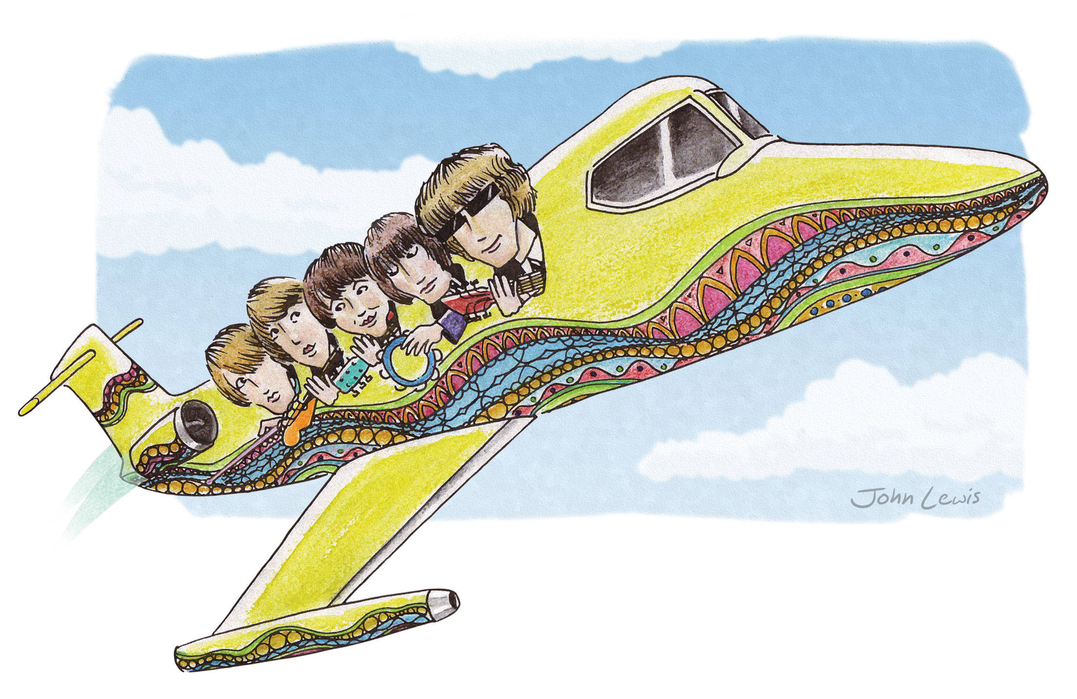 The Byrds, vibrant yellow airplane, psychedelic patterns, Full HD Desktop Wallpaper