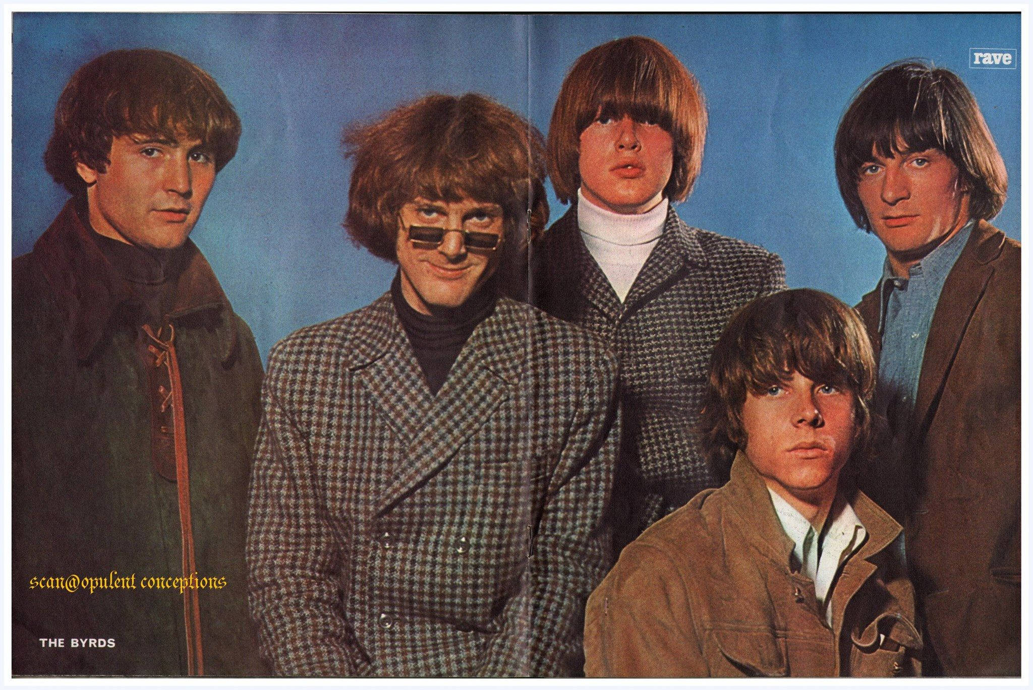 The Byrds, 1960s mod attire, solid blue studio backdrop, Full HD Desktop Wallpaper