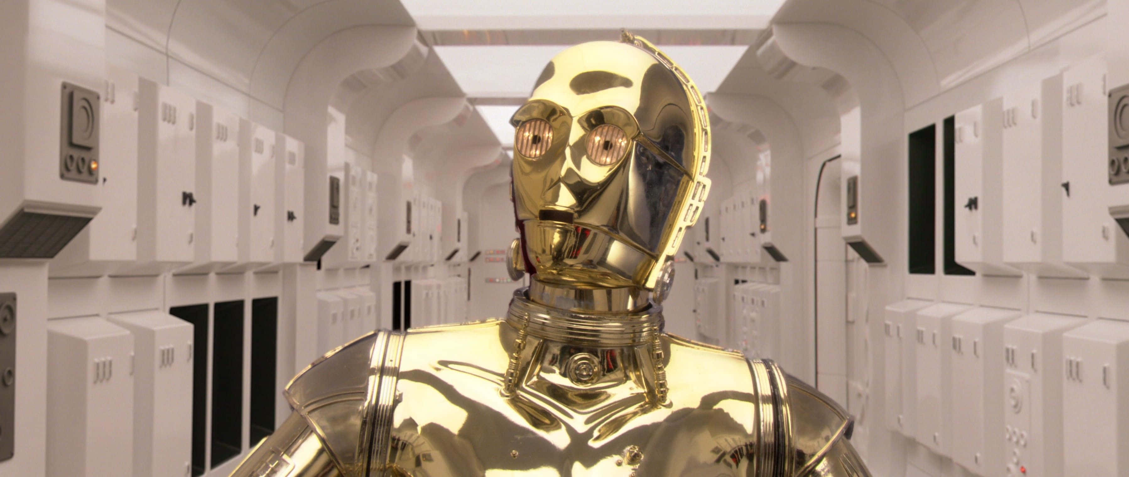 C-3PO, golden humanoid protocol droid, bright white spaceship corridor, 2K Desktop Wallpaper