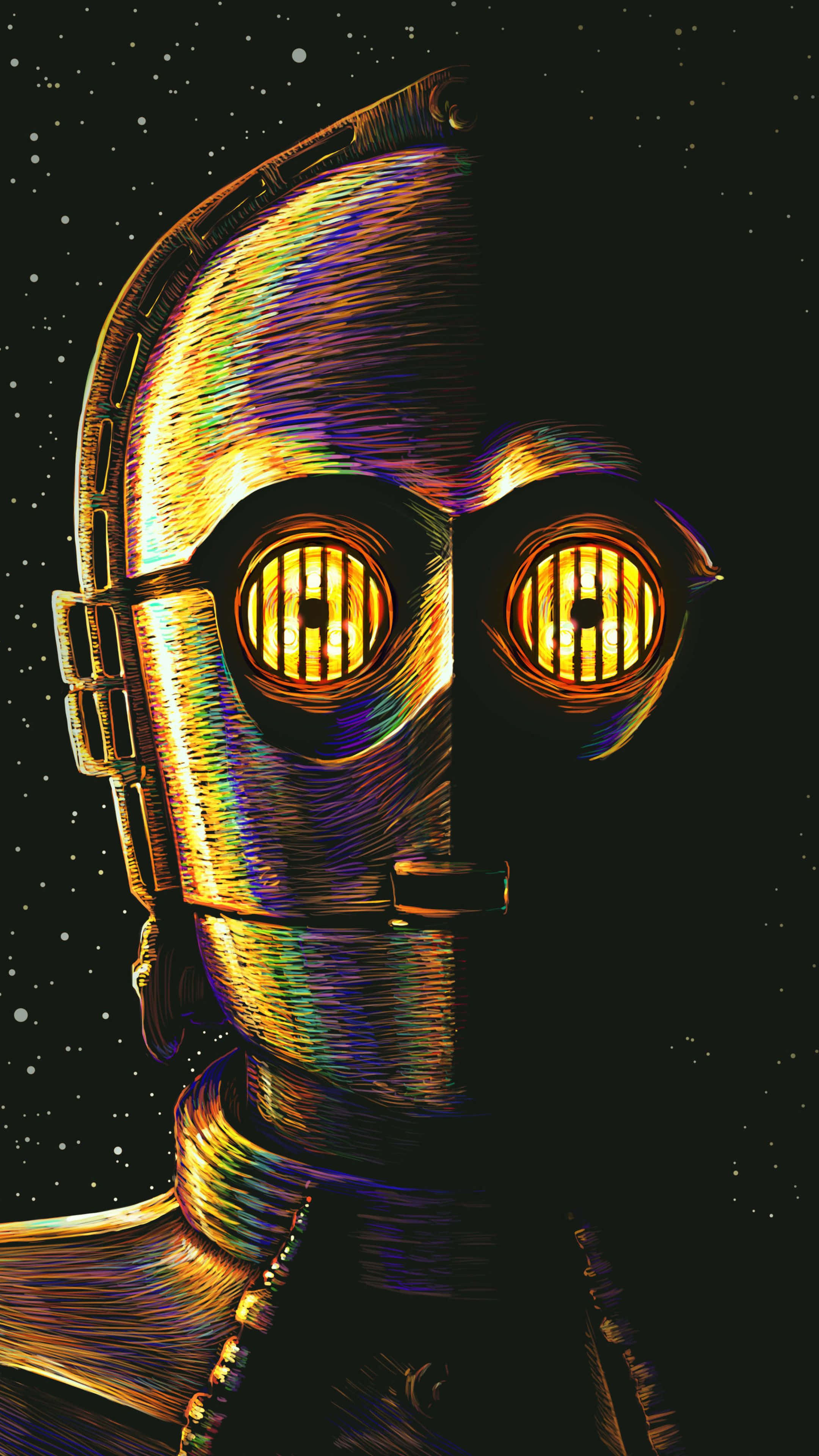 C-3PO, glowing yellow eyes, starry space backdrop, 4K Phone Wallpaper