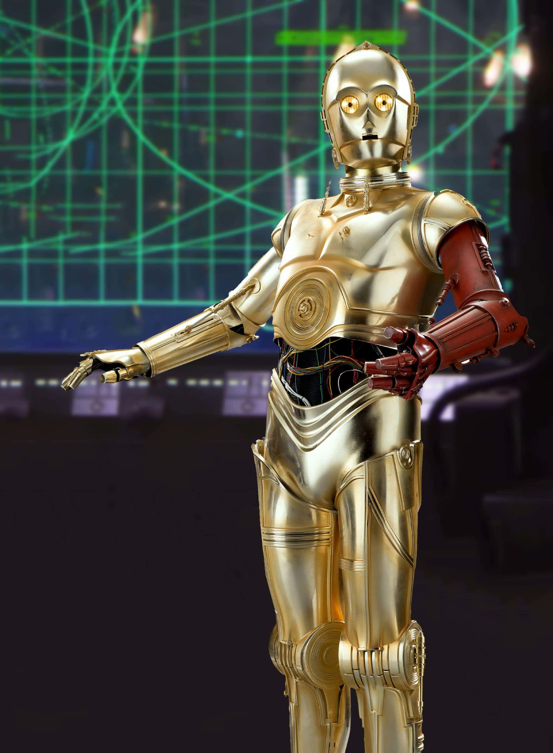 C-3PO, golden humanoid robot, glowing green grid background, 2K Phone Wallpaper