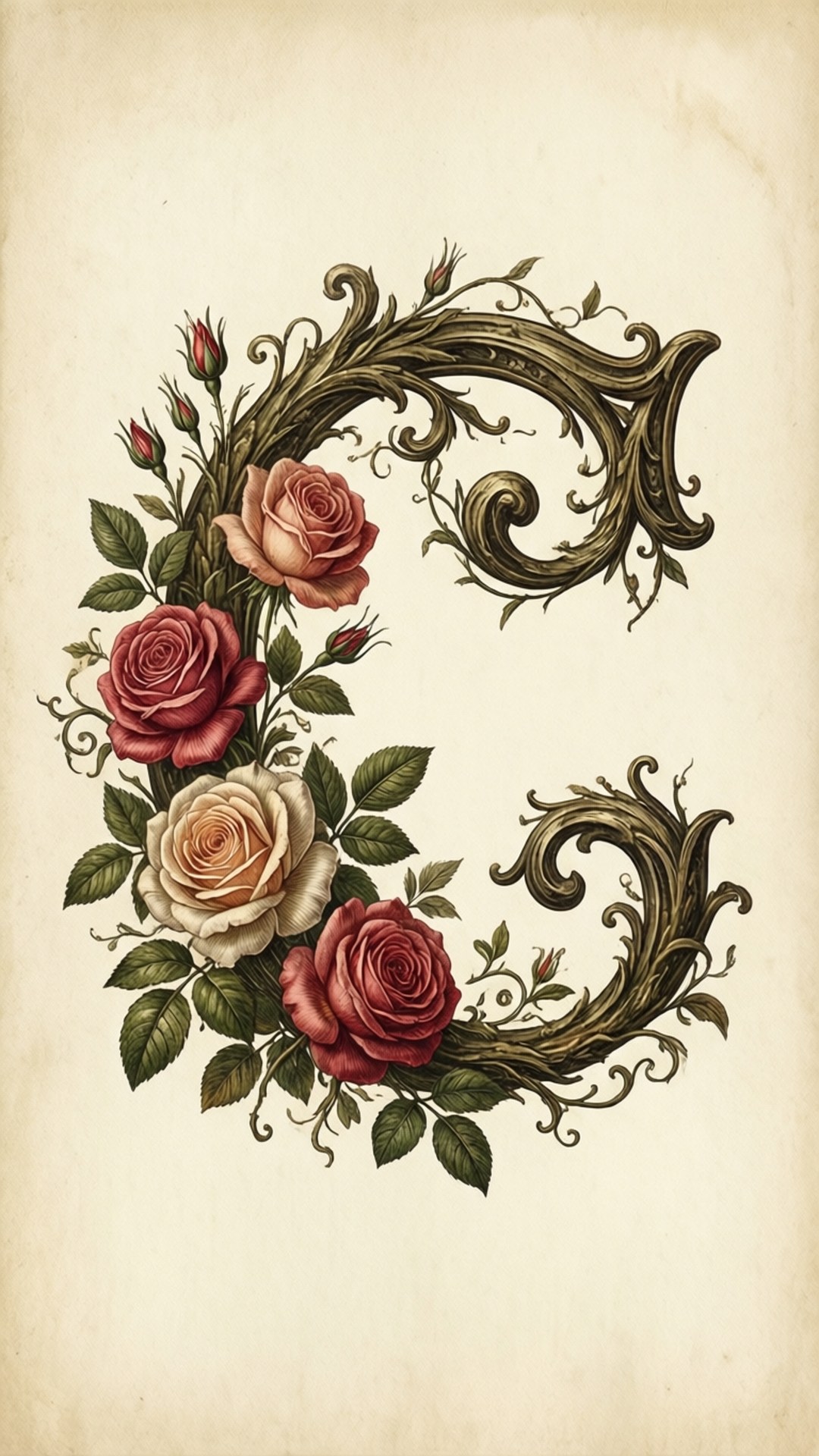 vintage letter C, roses, swirling foliage, Full HD Phone Wallpaper