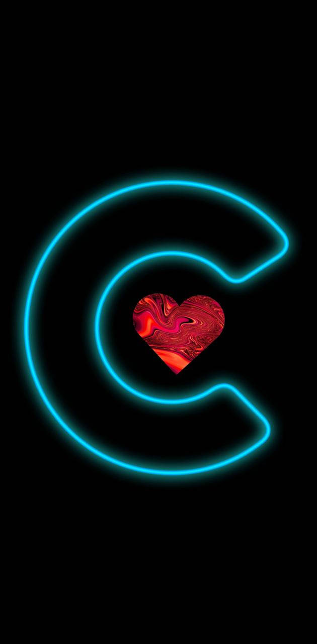 Letter C, glowing cyan neon, red and orange marbled heart, HD Phone Wallpaper