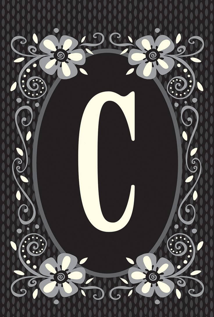Letter C, cream, ornate gray floral frame, SD Phone Wallpaper