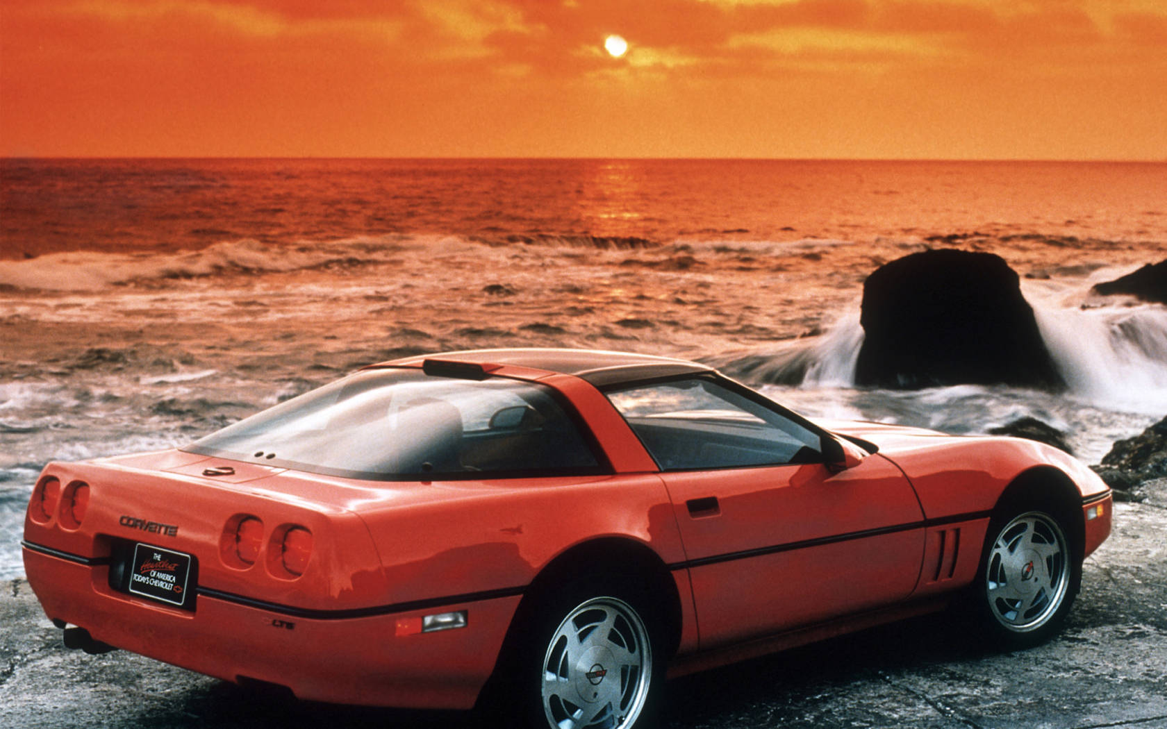 C4 Corvette, vibrant orange, rocky shore, HD Desktop Wallpaper