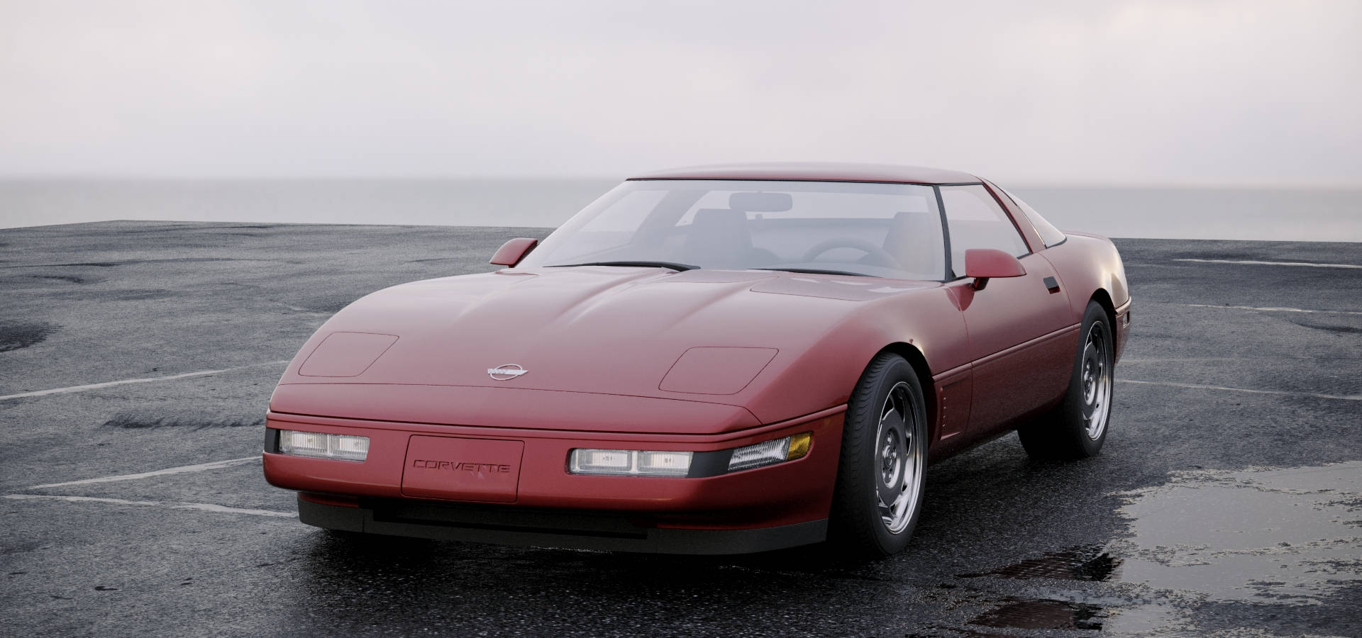 C4 Corvette, red, wet asphalt lot, Full HD Desktop Wallpaper