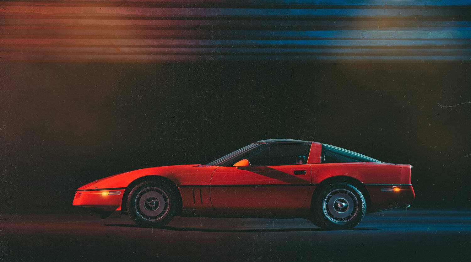 C4 Corvette, Orange Red, neon-drenched night, HD Desktop Wallpaper