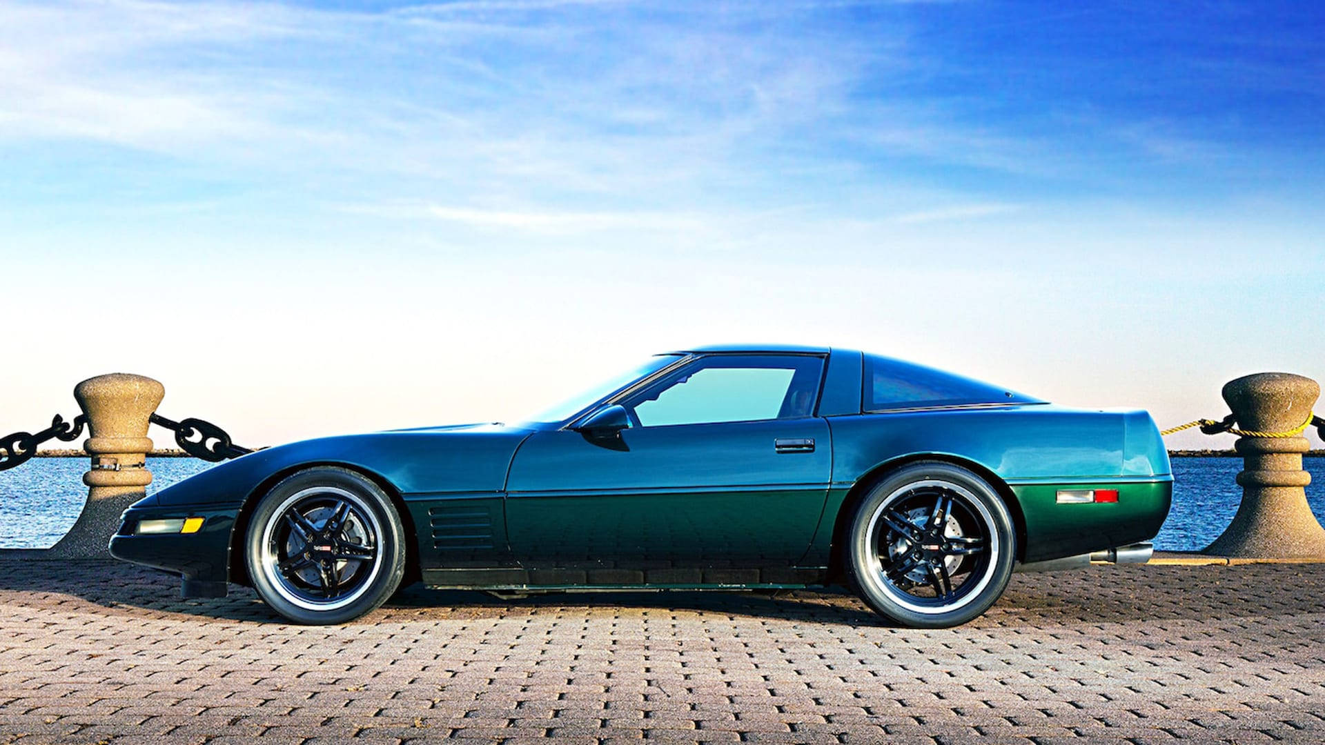 C4 Corvette, teal, cobblestone pier, Full HD Desktop Wallpaper