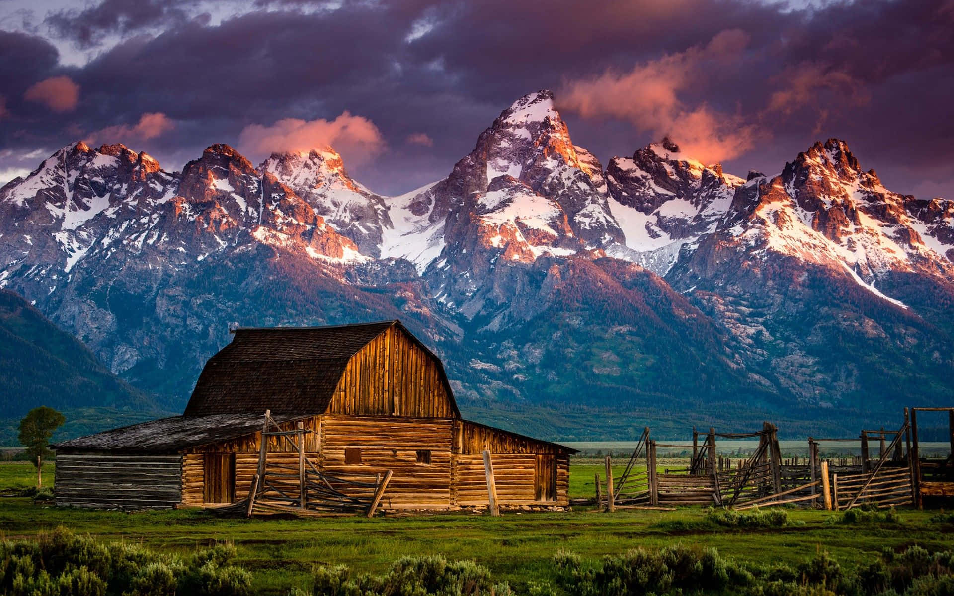 cabin, green field, snow-capped mountains, Full HD Desktop Wallpaper