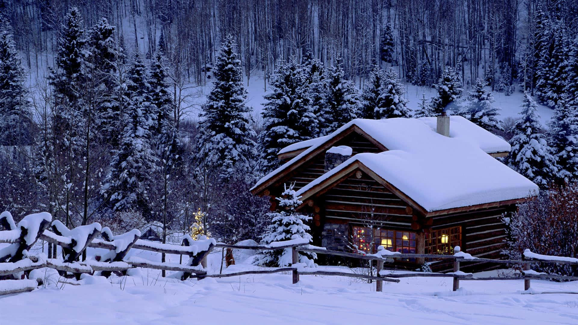 log cabin, snow-covered, winter forest, Full HD Desktop Wallpaper