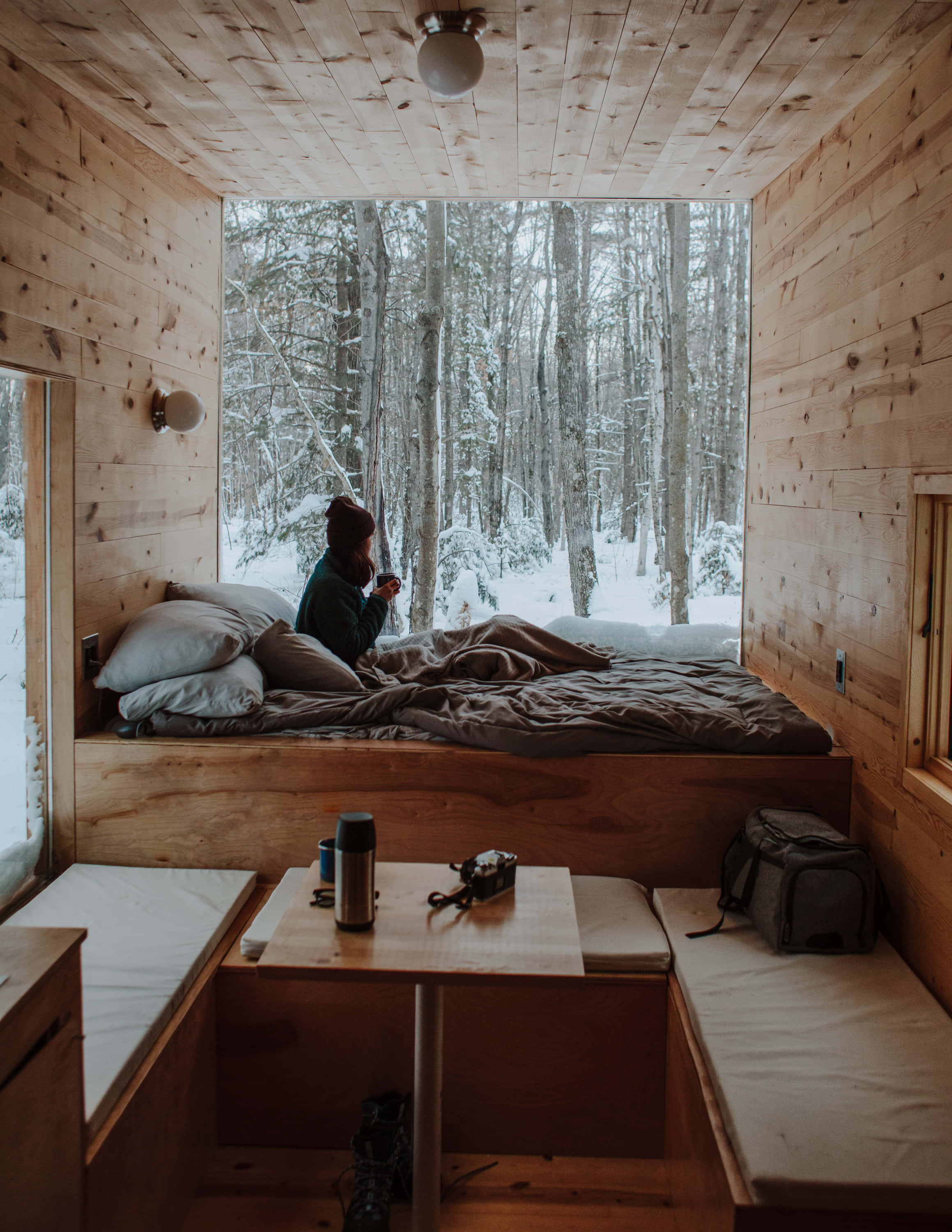 cabin, snowy forest, wooden bed, 2K Phone Wallpaper