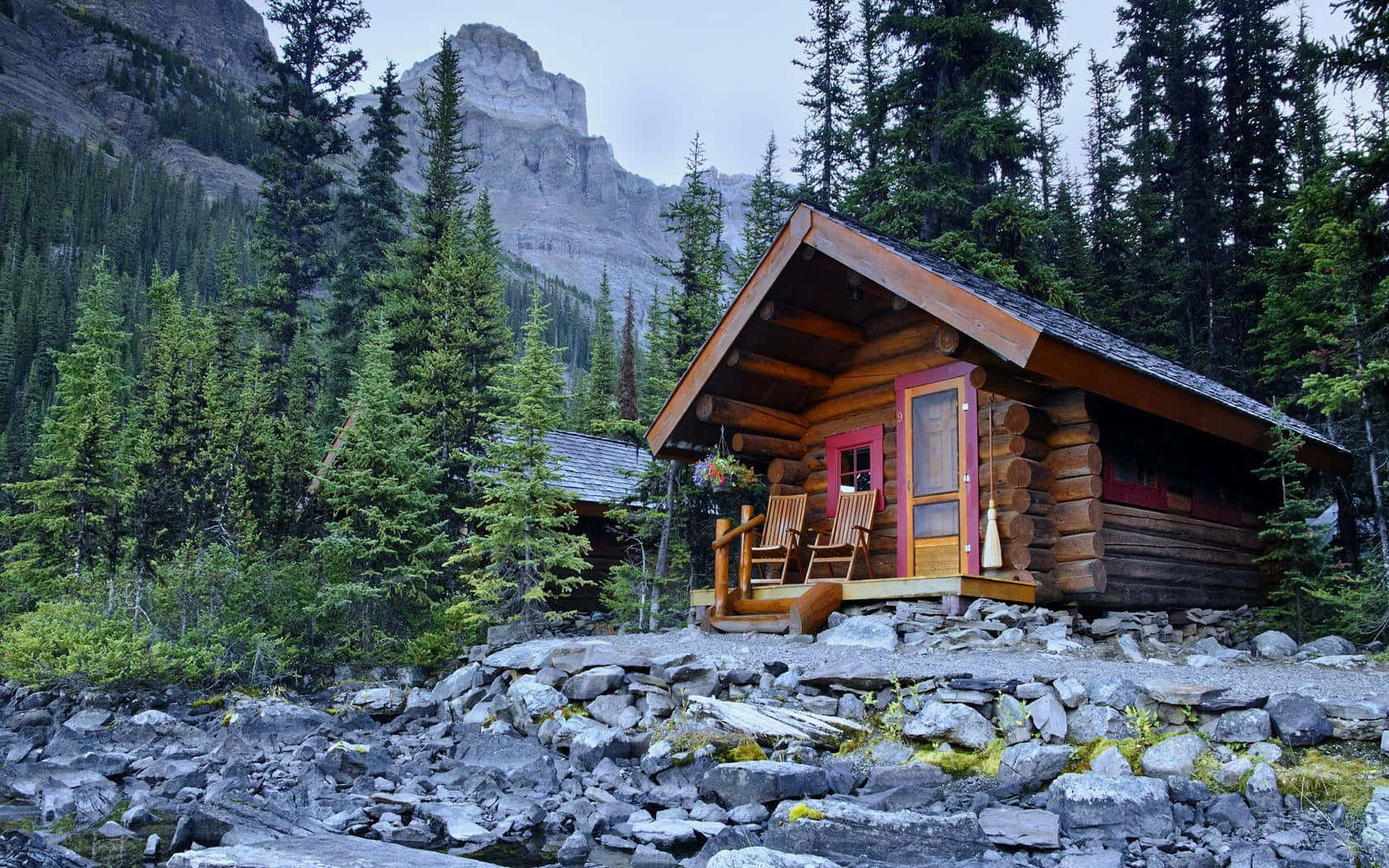 log cabin, wooden porch, towering evergreens, HD Desktop Wallpaper