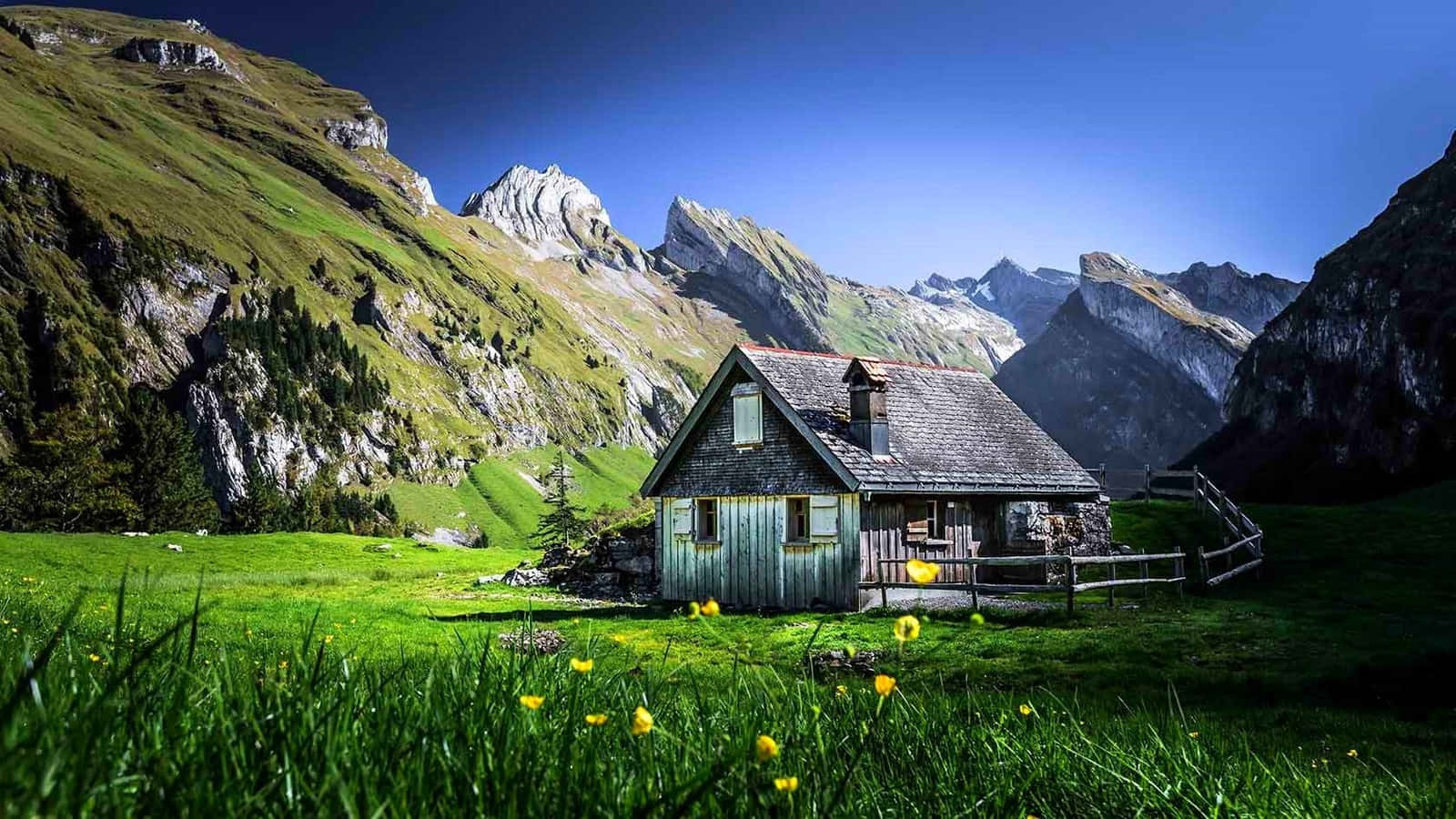 rustic wooden cabin, vibrant green valley, towering alpine mountains, HD Desktop Wallpaper