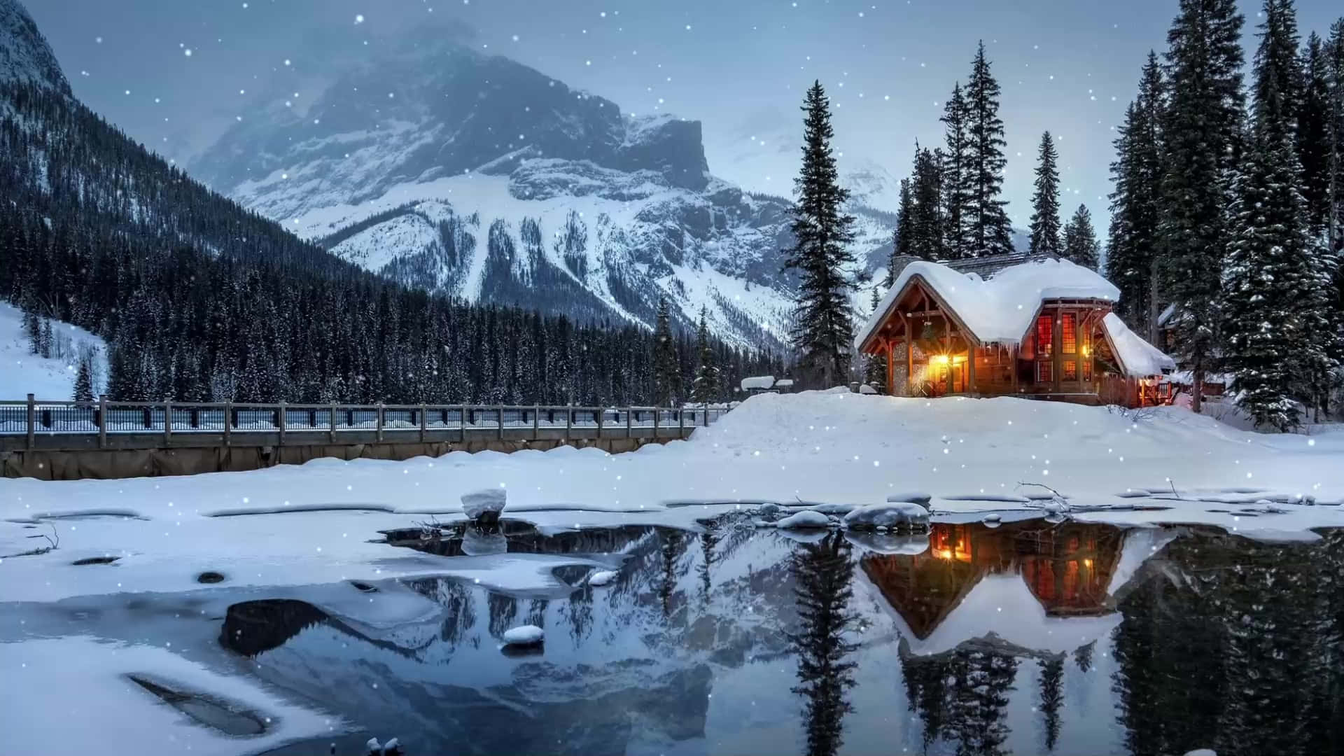 cabin, snow-covered, mountain backdrop, Full HD Desktop Wallpaper