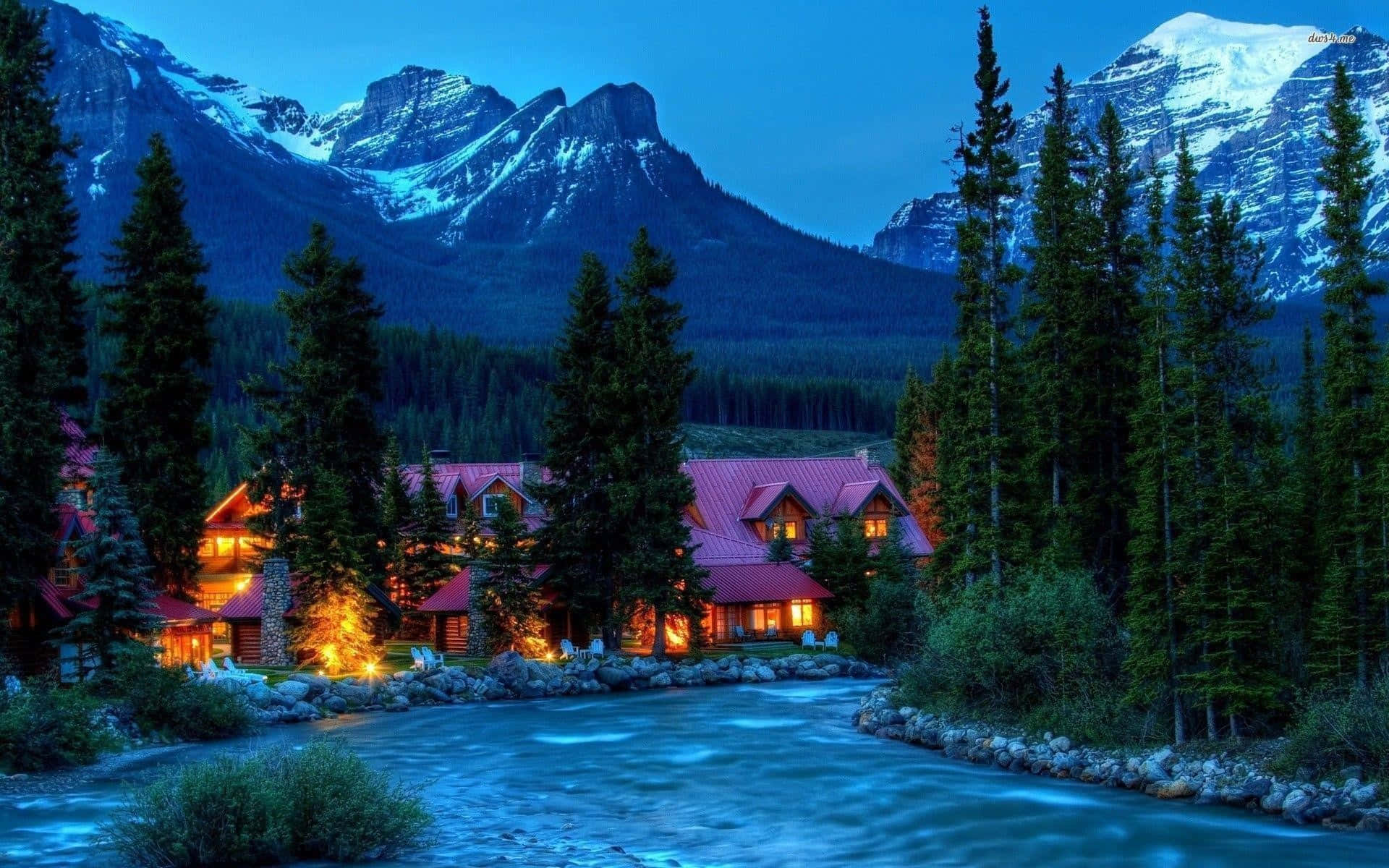 huge cabin, river, snow-capped mountains, Full HD Desktop Wallpaper