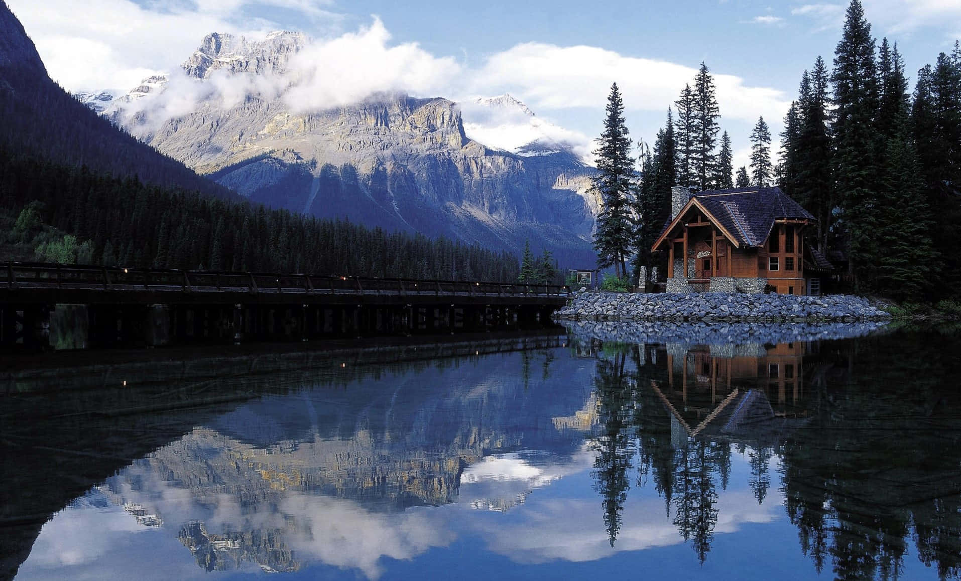 cabin, river, mountains, HD Desktop Wallpaper
