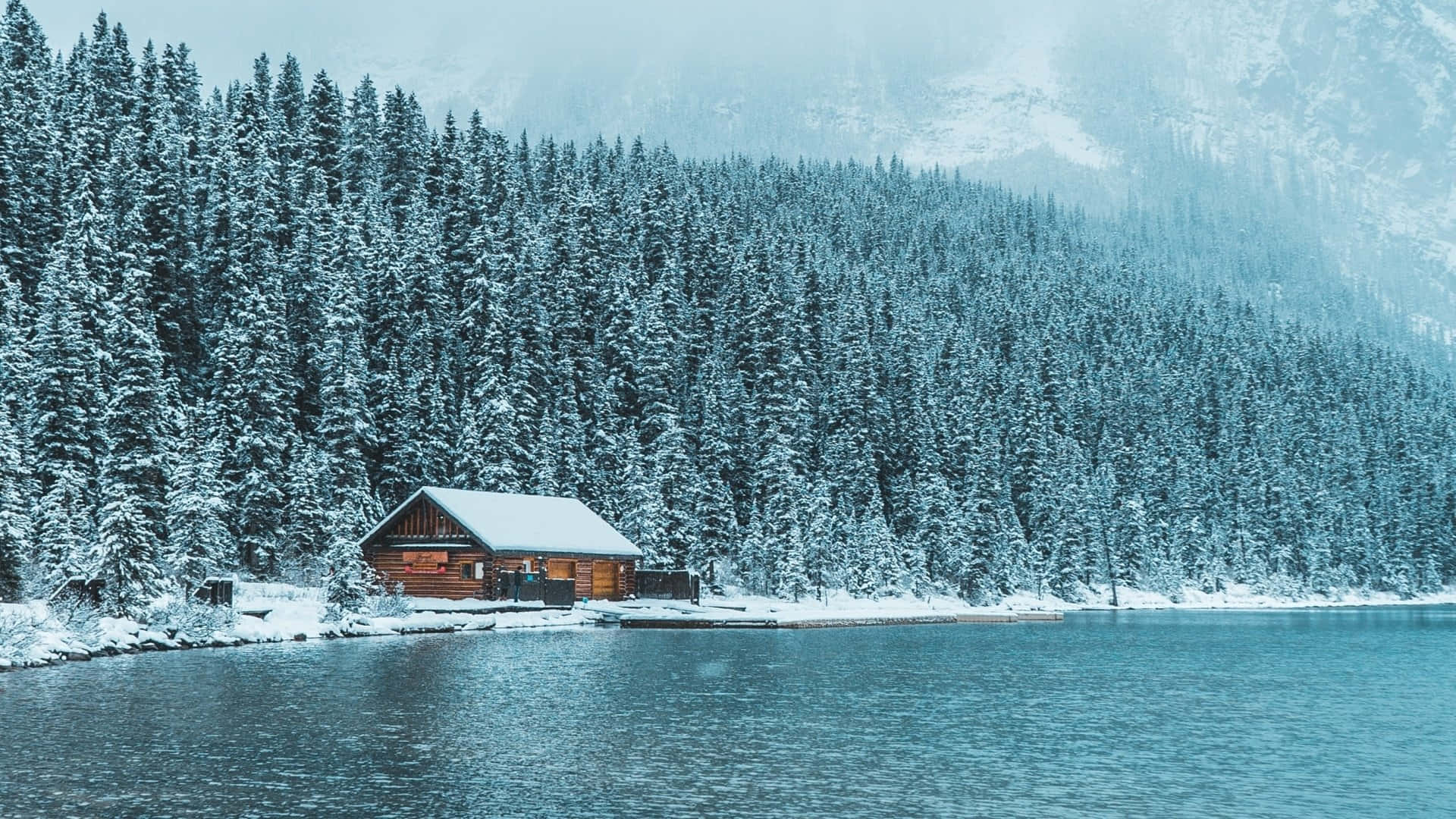 cabin, lake, snow-covered, Full HD Desktop Wallpaper
