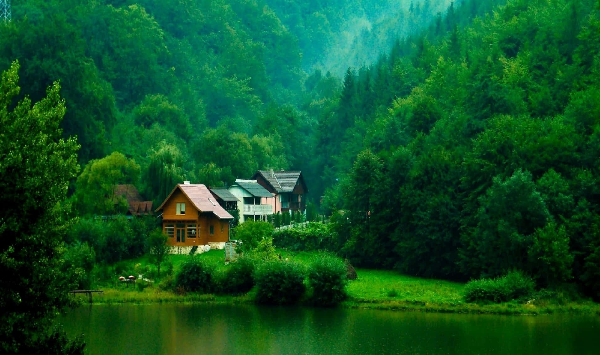 lakeside village, lush green forests, misty mountains, HD Desktop Wallpaper