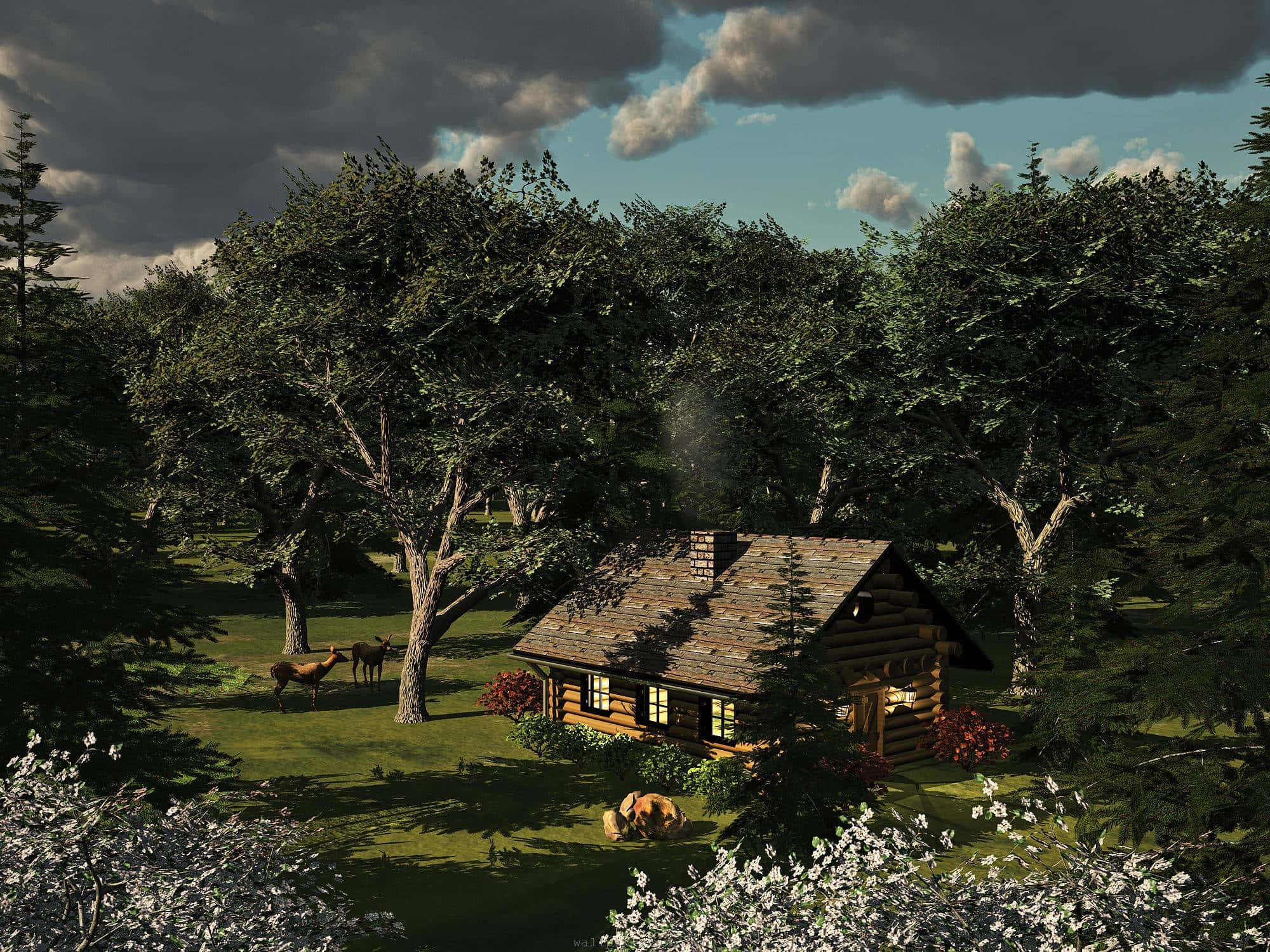 cabin, forest, deer, Full HD Desktop Wallpaper