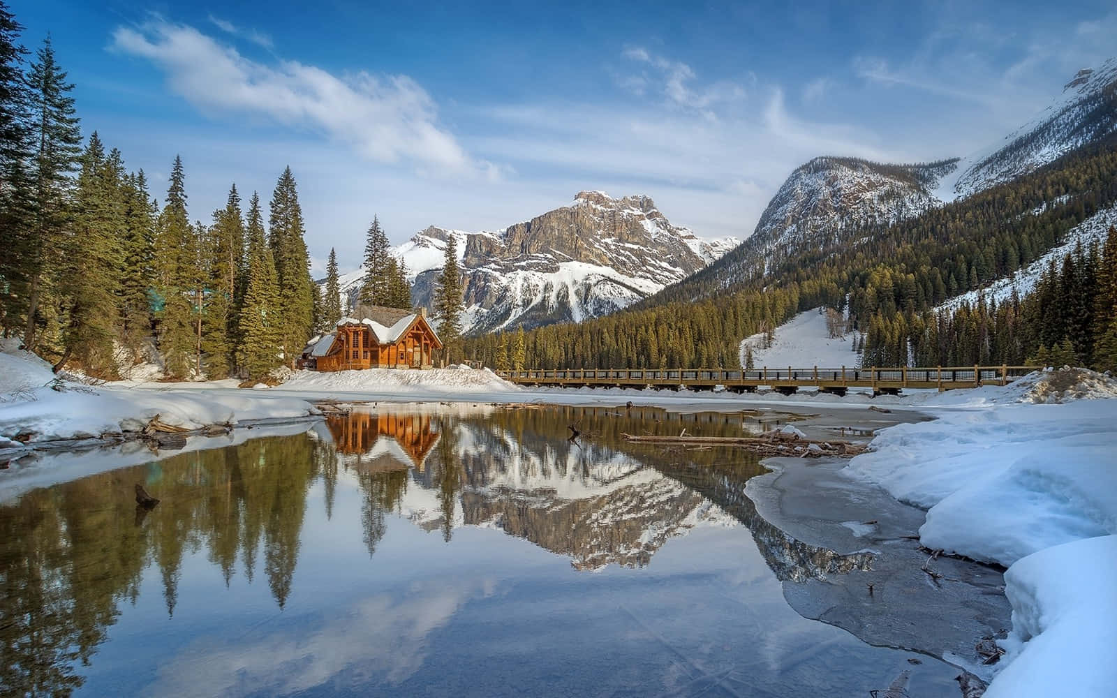 log cabin, snowy lake, snow-capped mountains, HD Desktop Wallpaper