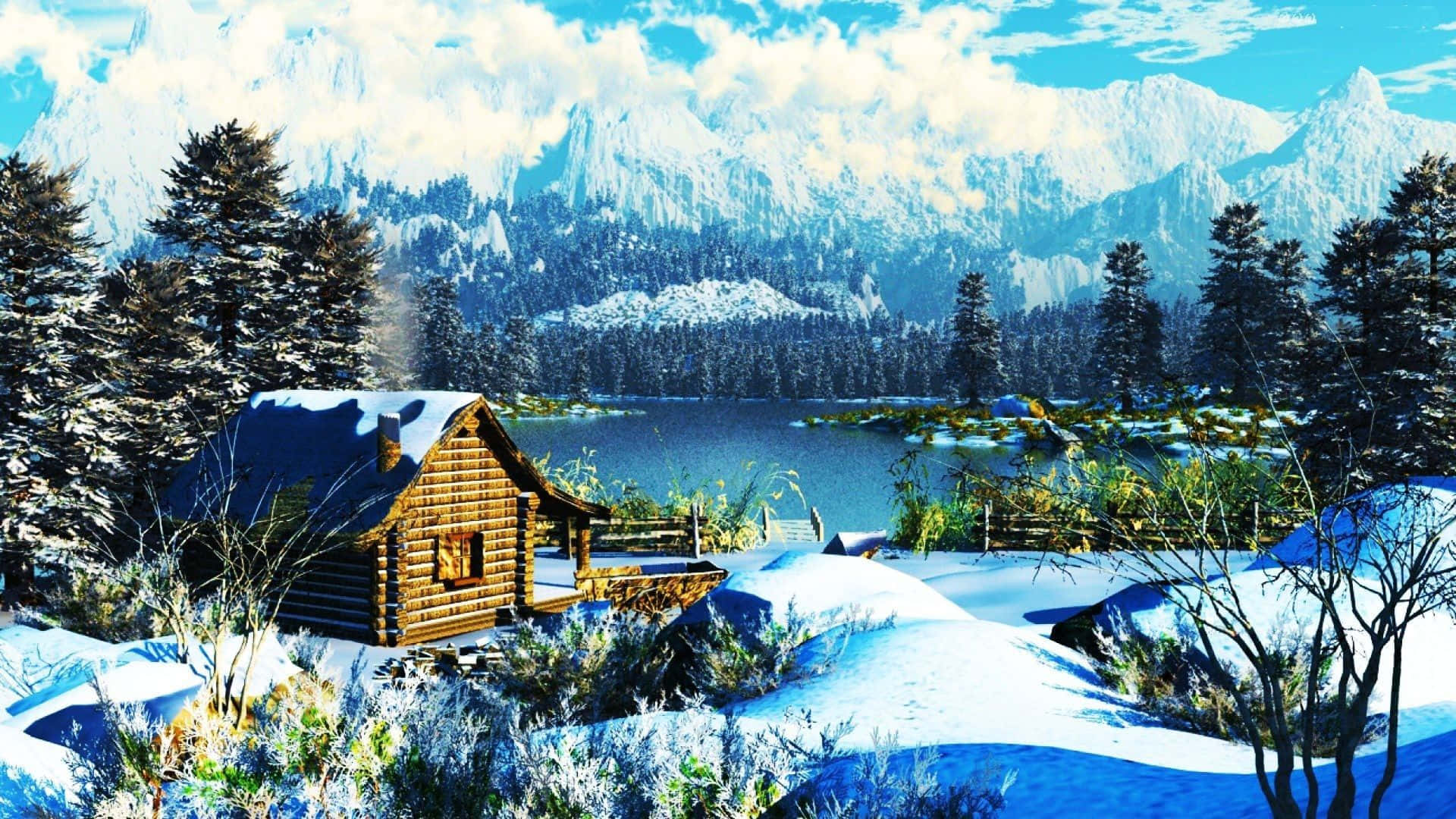 cabin, wooden cabin, snowy winter woods, Full HD Desktop Wallpaper