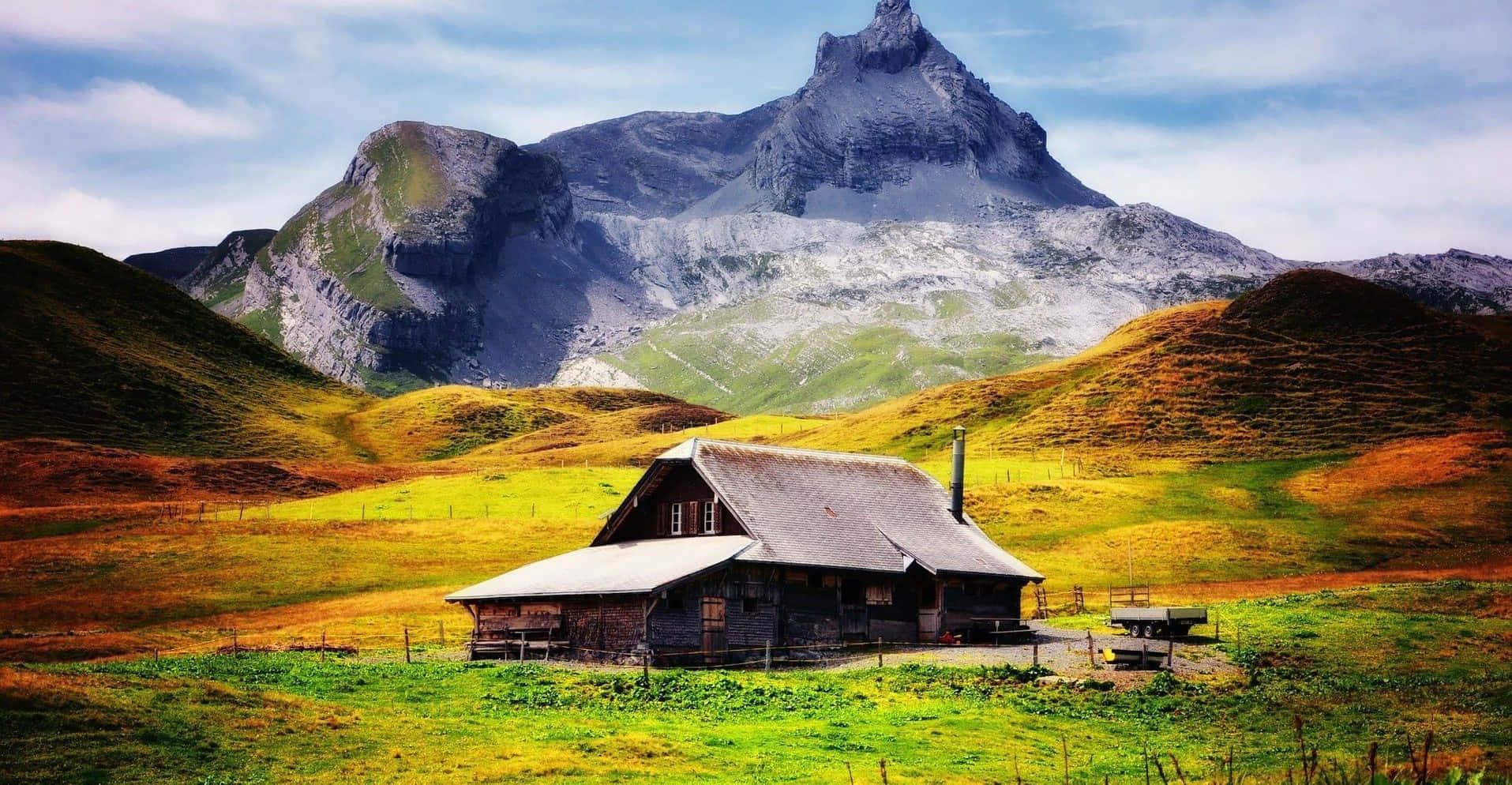 rustic wooden cabin, vibrant meadow, rolling hills, HD Desktop Wallpaper