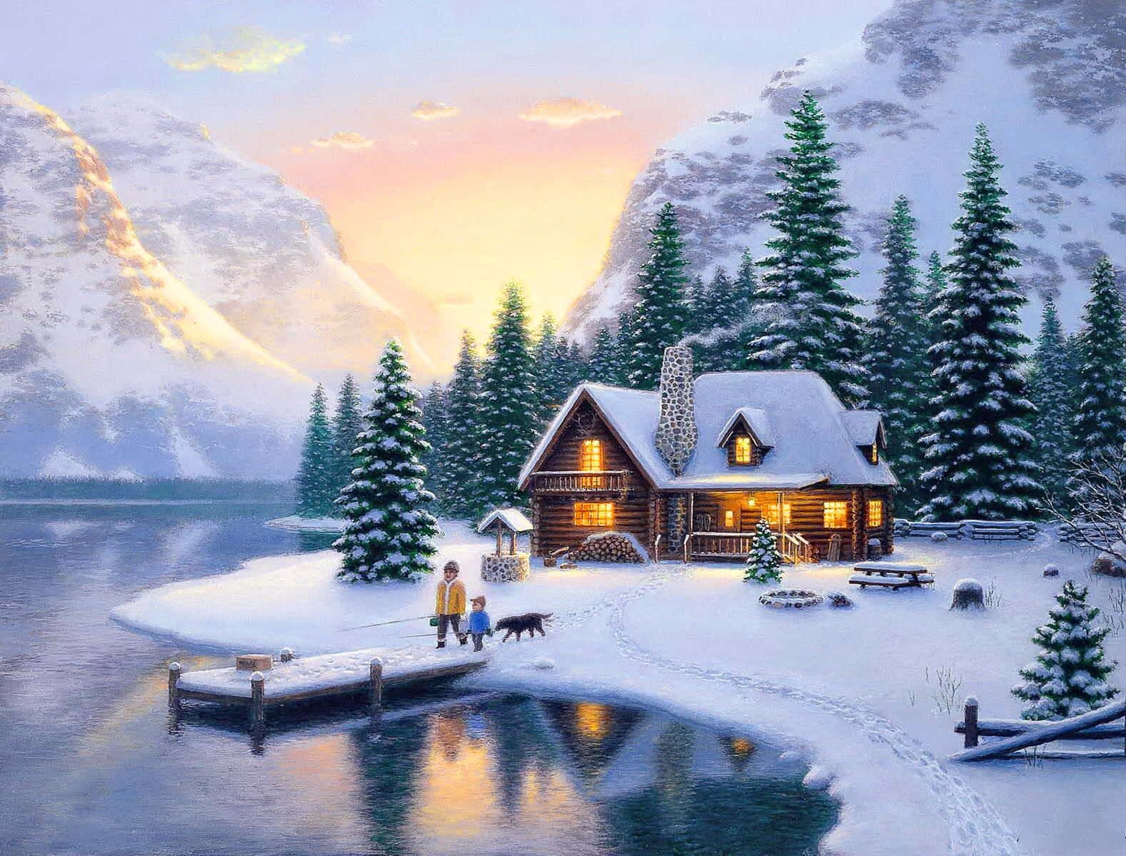 cabin by the lake, frozen lake, sunset, HD Desktop Wallpaper