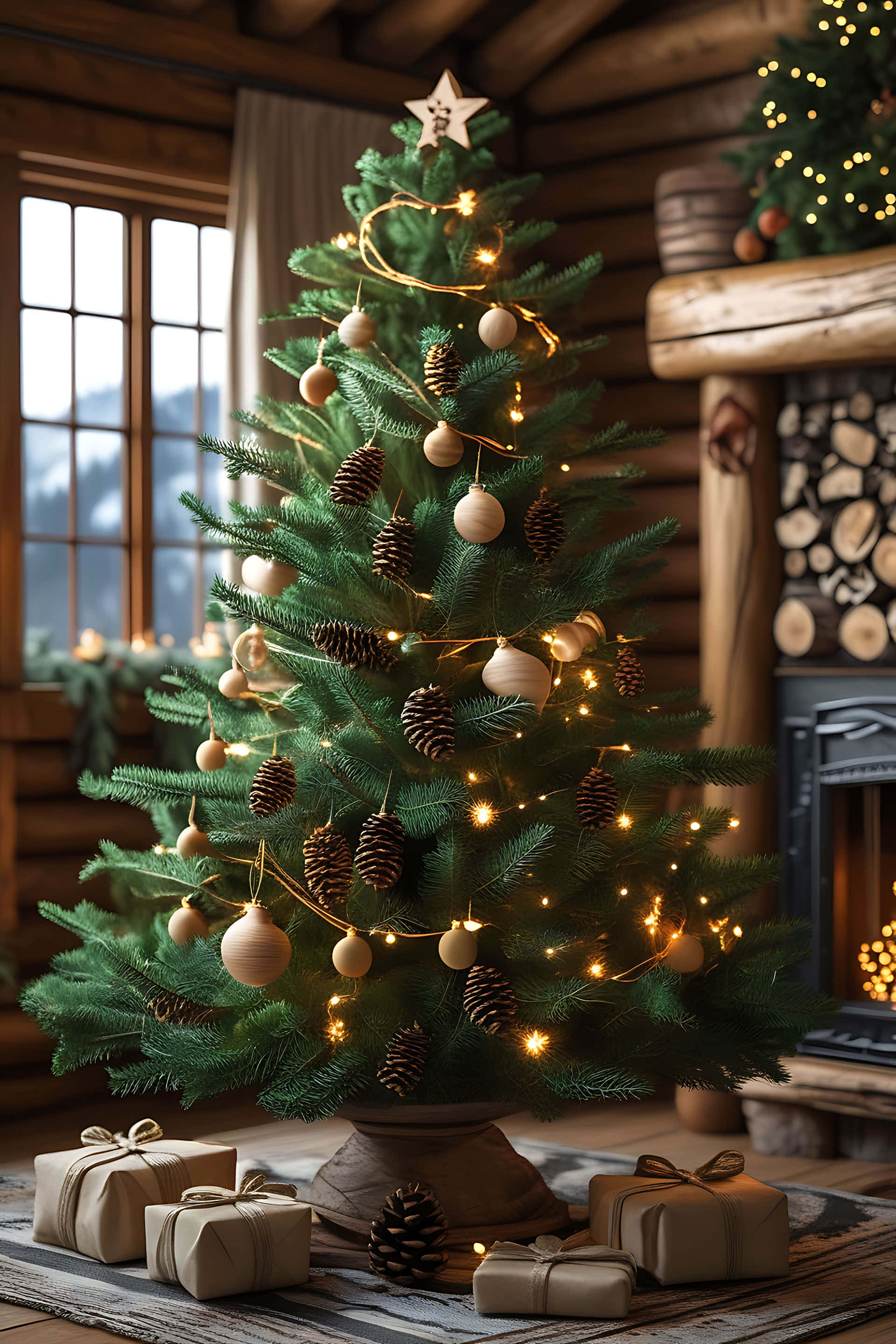 cozy christmas tree, rustic cabin, pinecones, 2K Phone Wallpaper