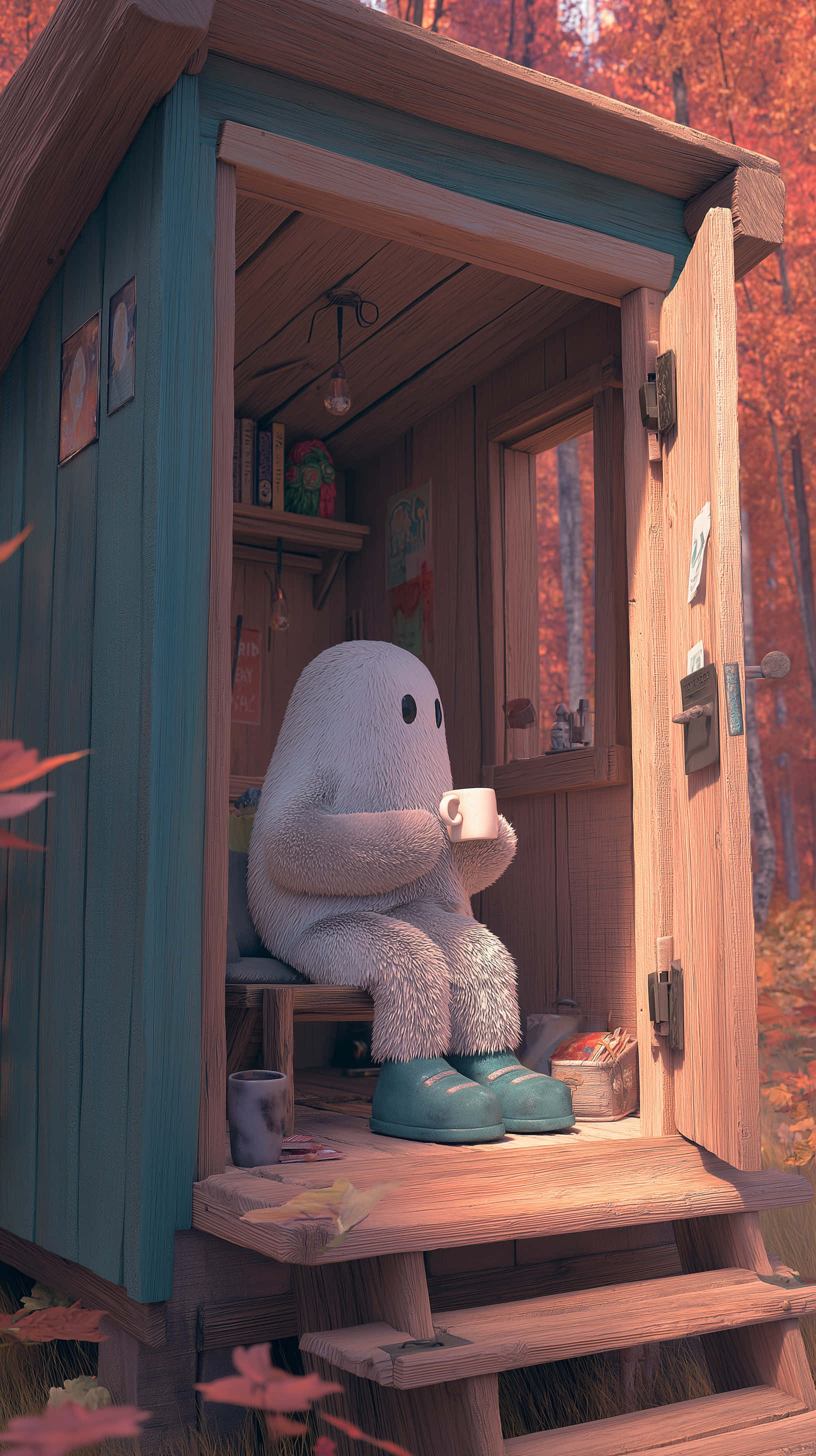 cozy fuzzy ghost, woodland cabin, autumn leaves, 2K Phone Wallpaper