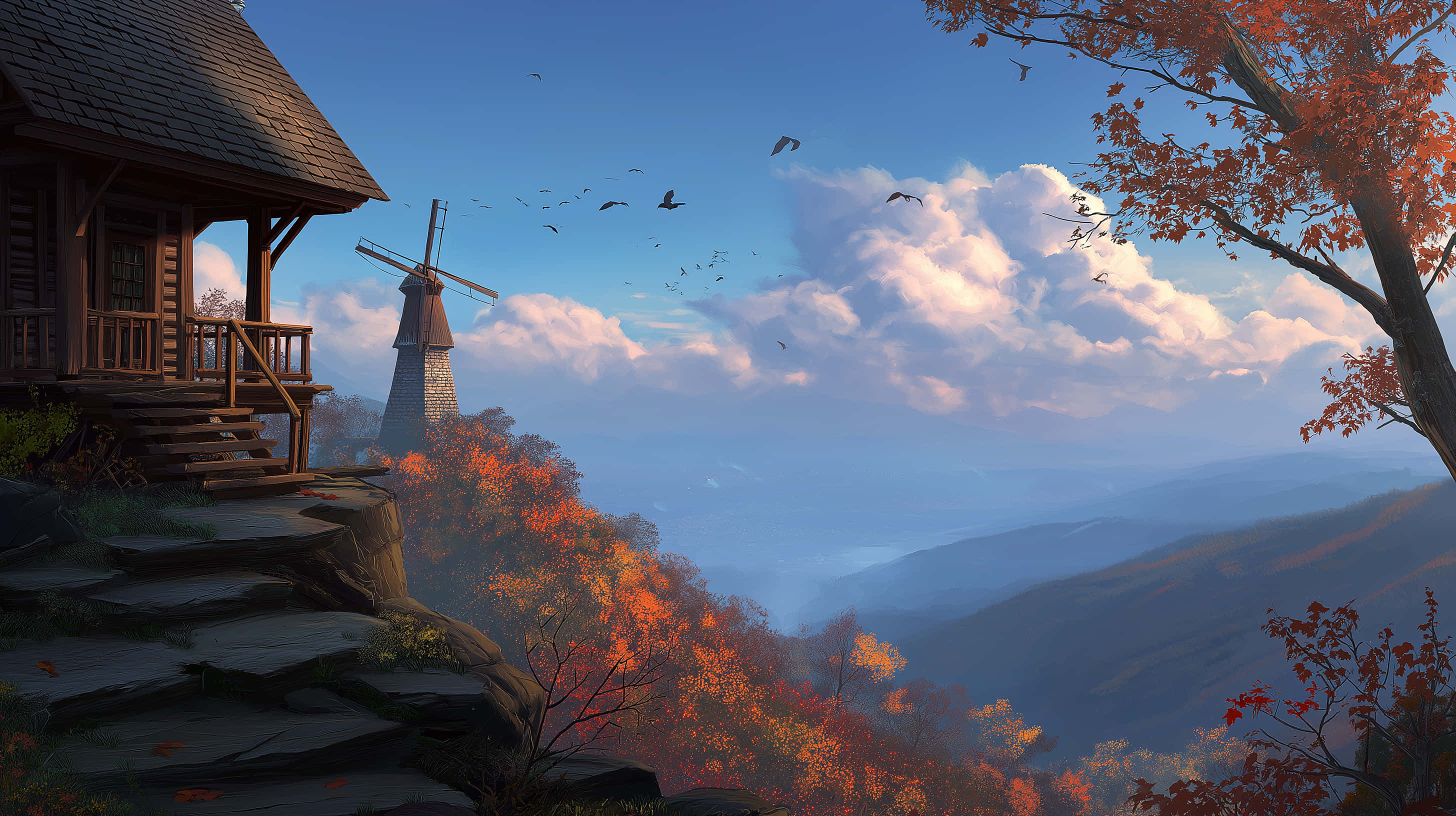 wooden cabin, cliff, valley, 2K Desktop Wallpaper