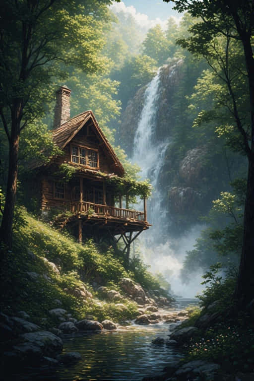 cozy cabin, waterfall, mossy cliffside, SD Phone Wallpaper