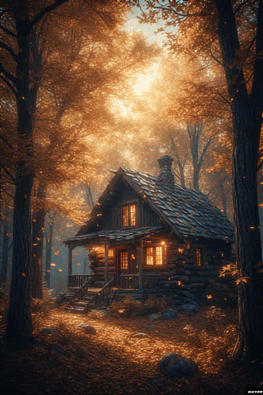 cozy cabin, autumn forest, golden autumn light, SD Phone Wallpaper