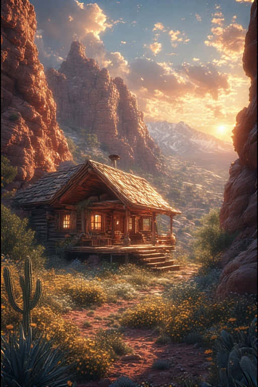 desert oasis cabin, wildflowers, golden sunset, SD Phone Wallpaper
