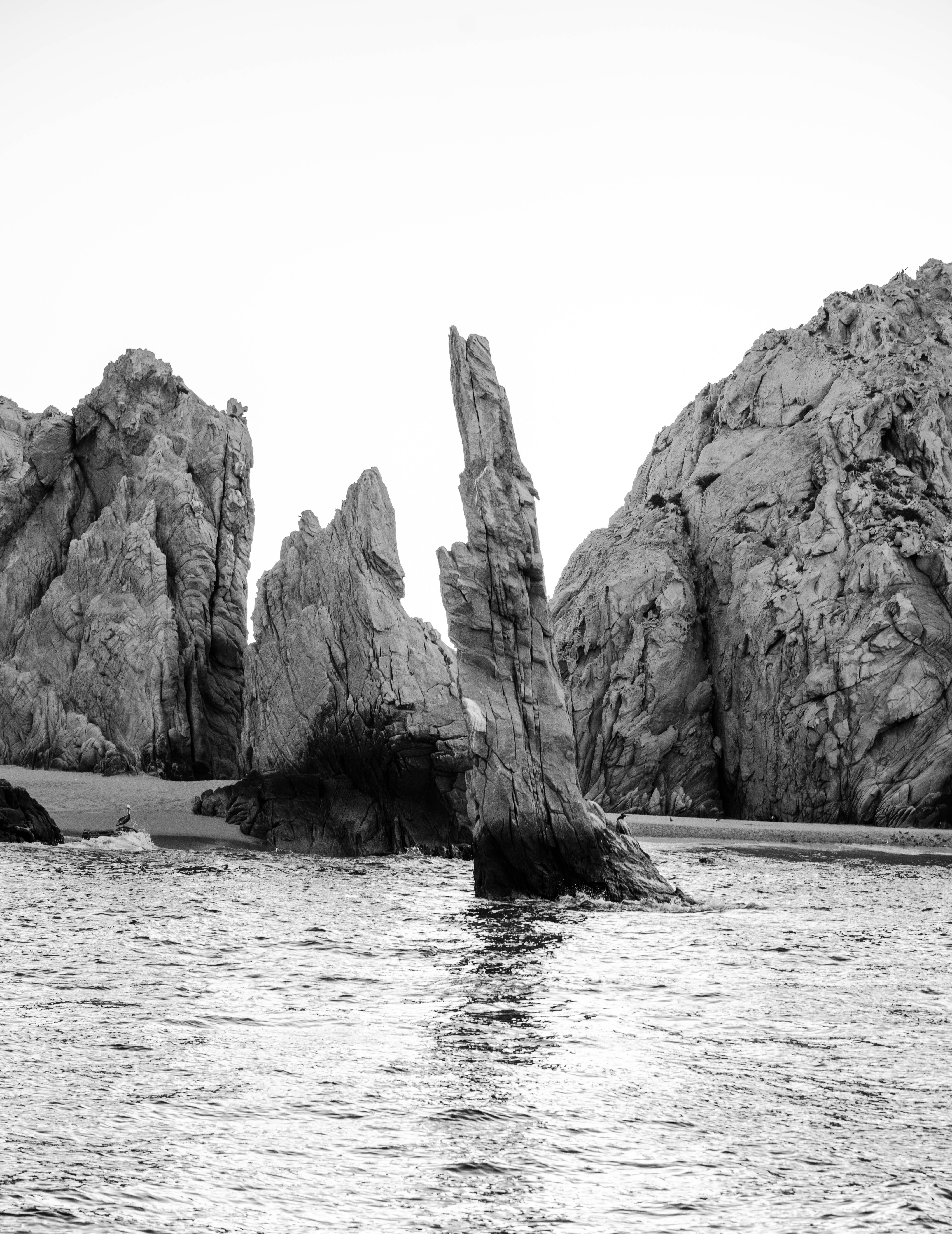 Cabo Verde, black and white, sea stacks, 5K Phone Wallpaper