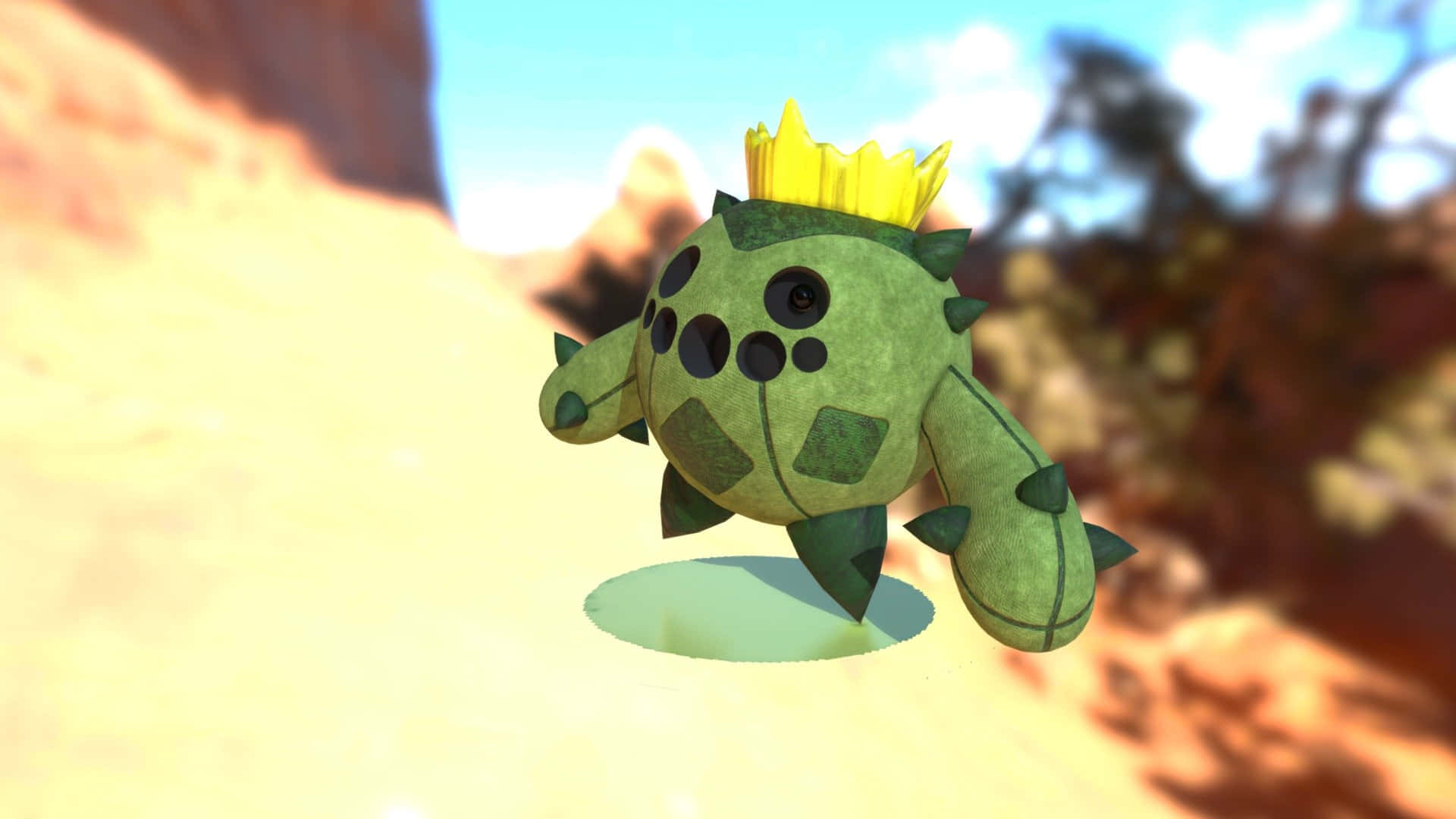 Cacnea, green spiky cartoon creature, yellow crown, Full HD Desktop Wallpaper