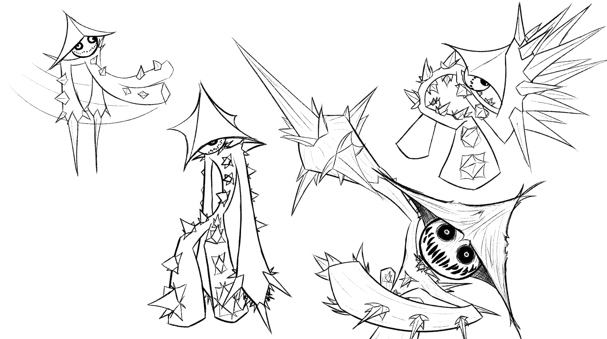 Cacturne, black and white line art, spiky cartoonish creatures, Full HD Desktop Wallpaper