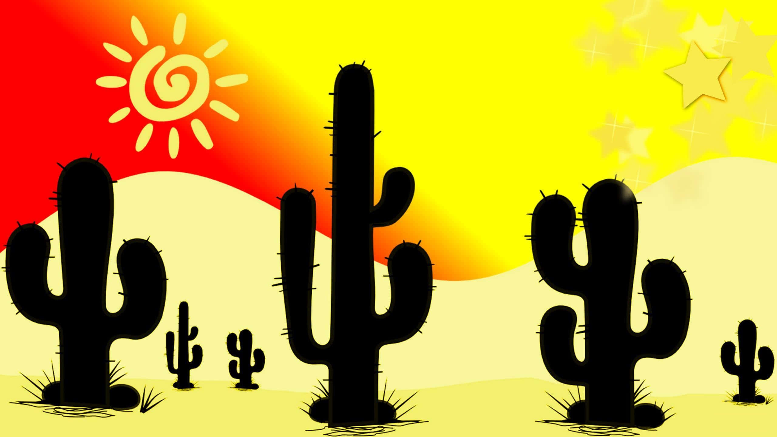 sunny desert cactus landscape, vibrant sunset, spiral sun, 2K Desktop Wallpaper