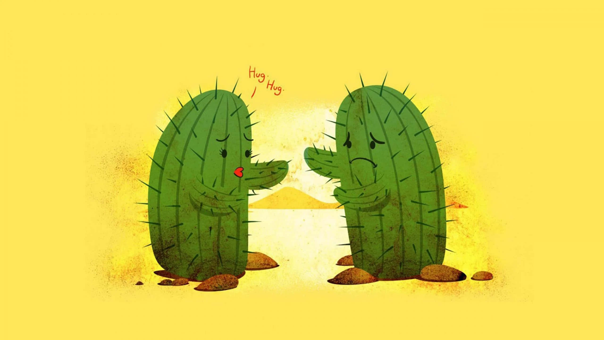Cactus Hug Dilemma, green cartoon cacti, spines, 2K Desktop Wallpaper