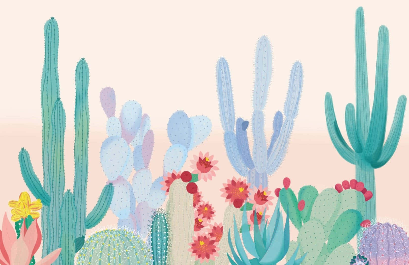 Colorful Cactus Collection, pastel-toned illustration, assorted cacti and succulents, HD Desktop Wallpaper