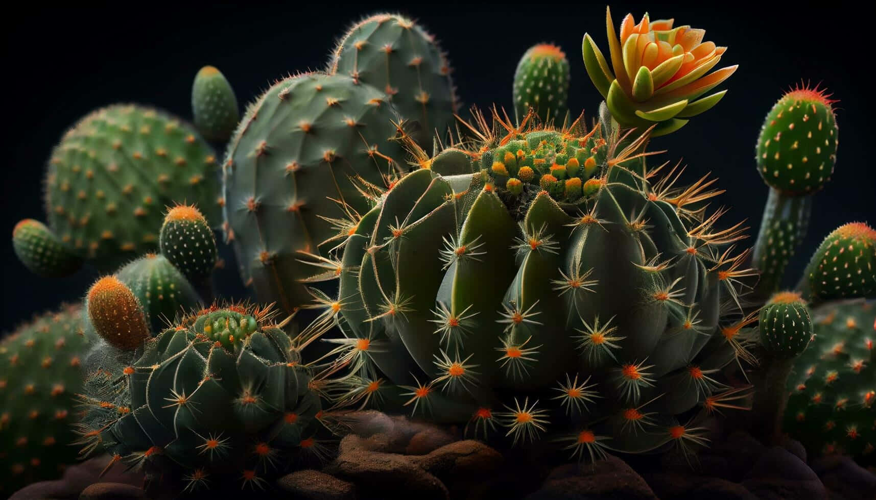 blooming cactus cluster, green spiky cacti, orange flower, HD Desktop Wallpaper