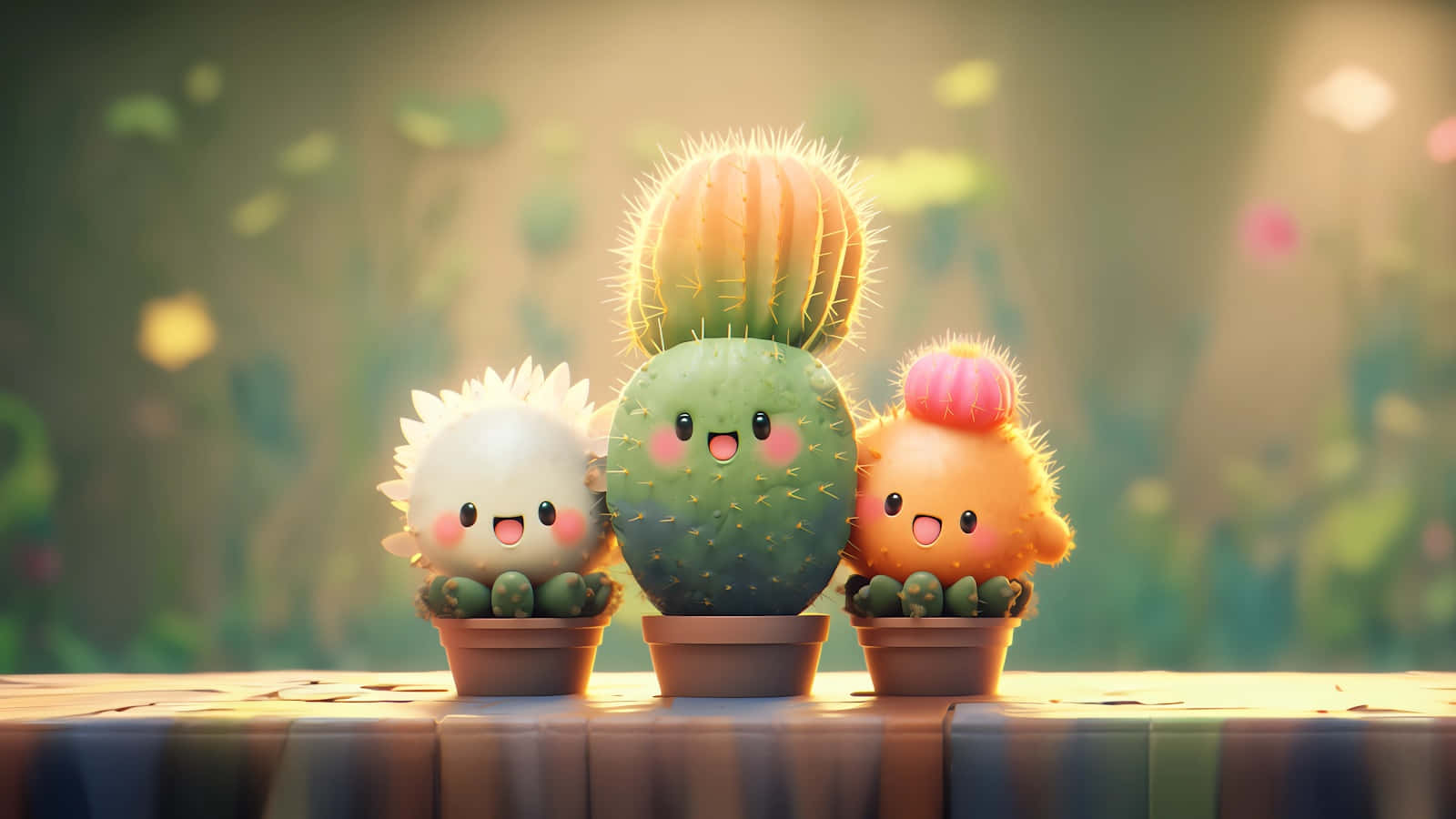 Adorable Animated Cactus Friends Desktop, three cute cartoon cacti with faces and blush cheeks, pots, HD Desktop Wallpaper