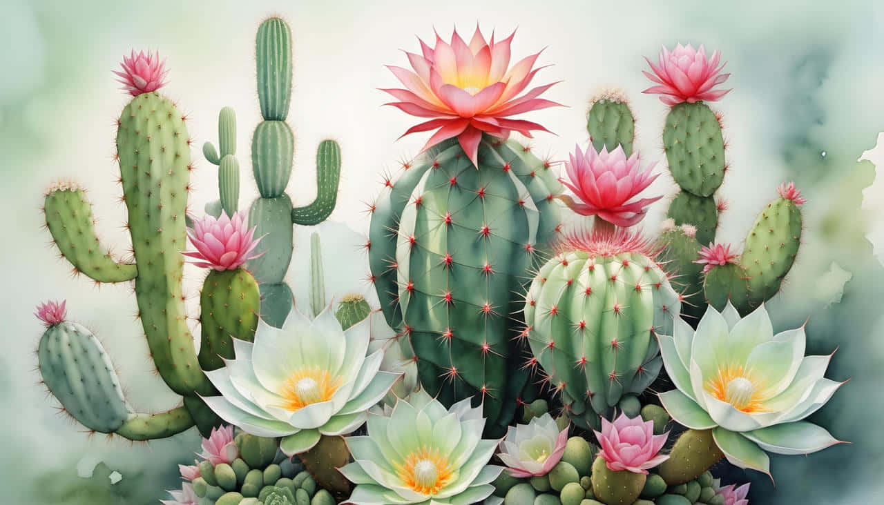 Blooming Cactus Collection, vibrant green cacti, pink and white blossoms, HD Desktop Wallpaper