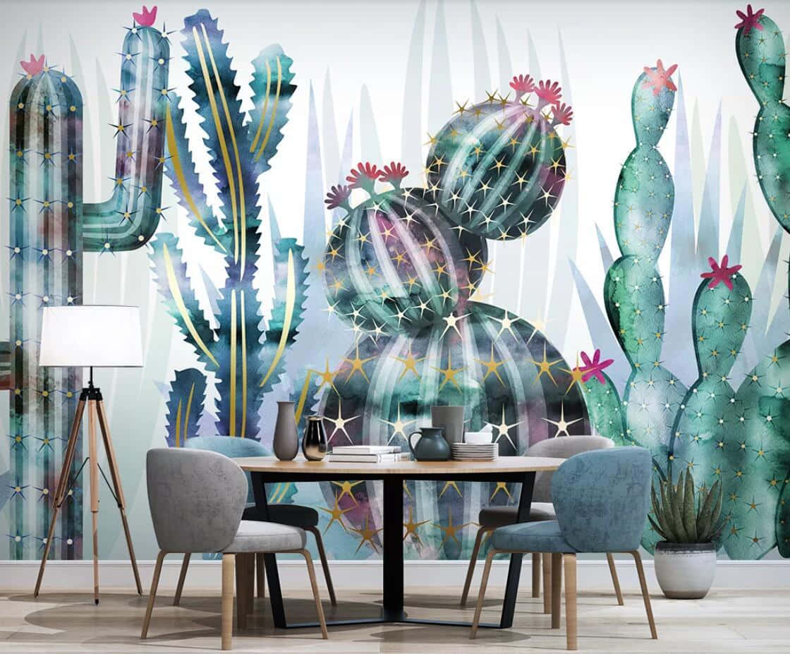 Cactus Flower, dining room, vibrant watercolor mural, SD Desktop Wallpaper