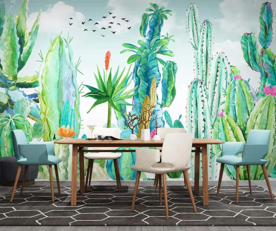 dining room, wooden table and chairs, vibrant watercolor mural, SD Desktop Wallpaper