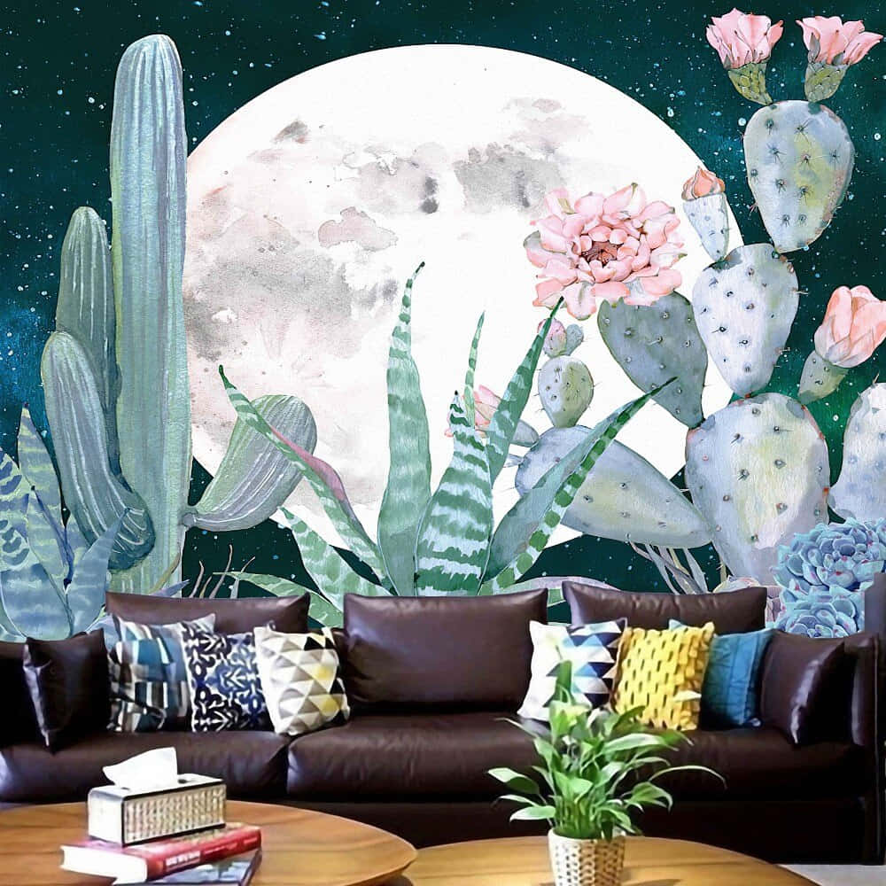 Cactus Flower, brown leather sofa, vibrant wallpaper, SD Desktop Wallpaper
