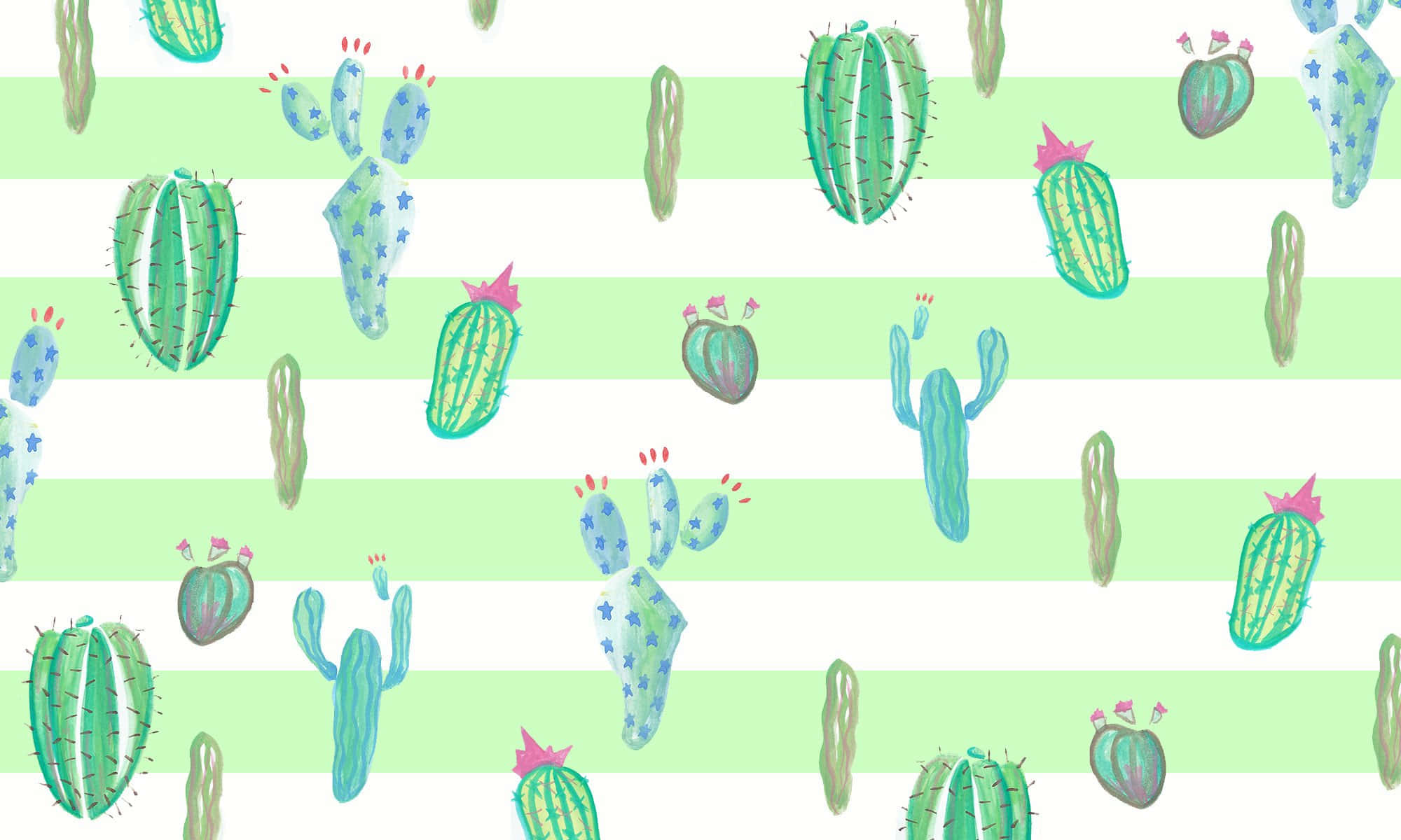 pastel green, white striped, whimsical hand-drawn cacti, Full HD Desktop Wallpaper