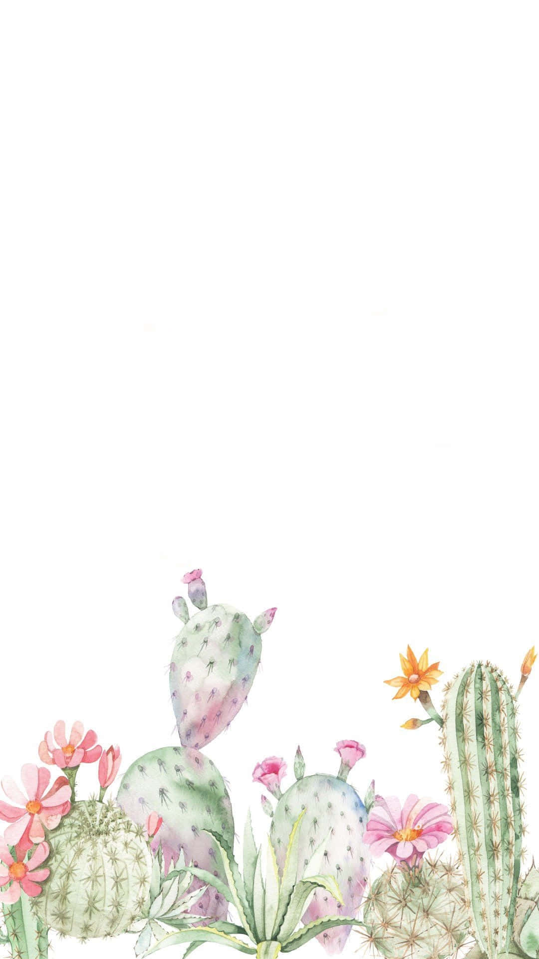 cute cactus, pink flowers, watercolor, Full HD Phone Wallpaper