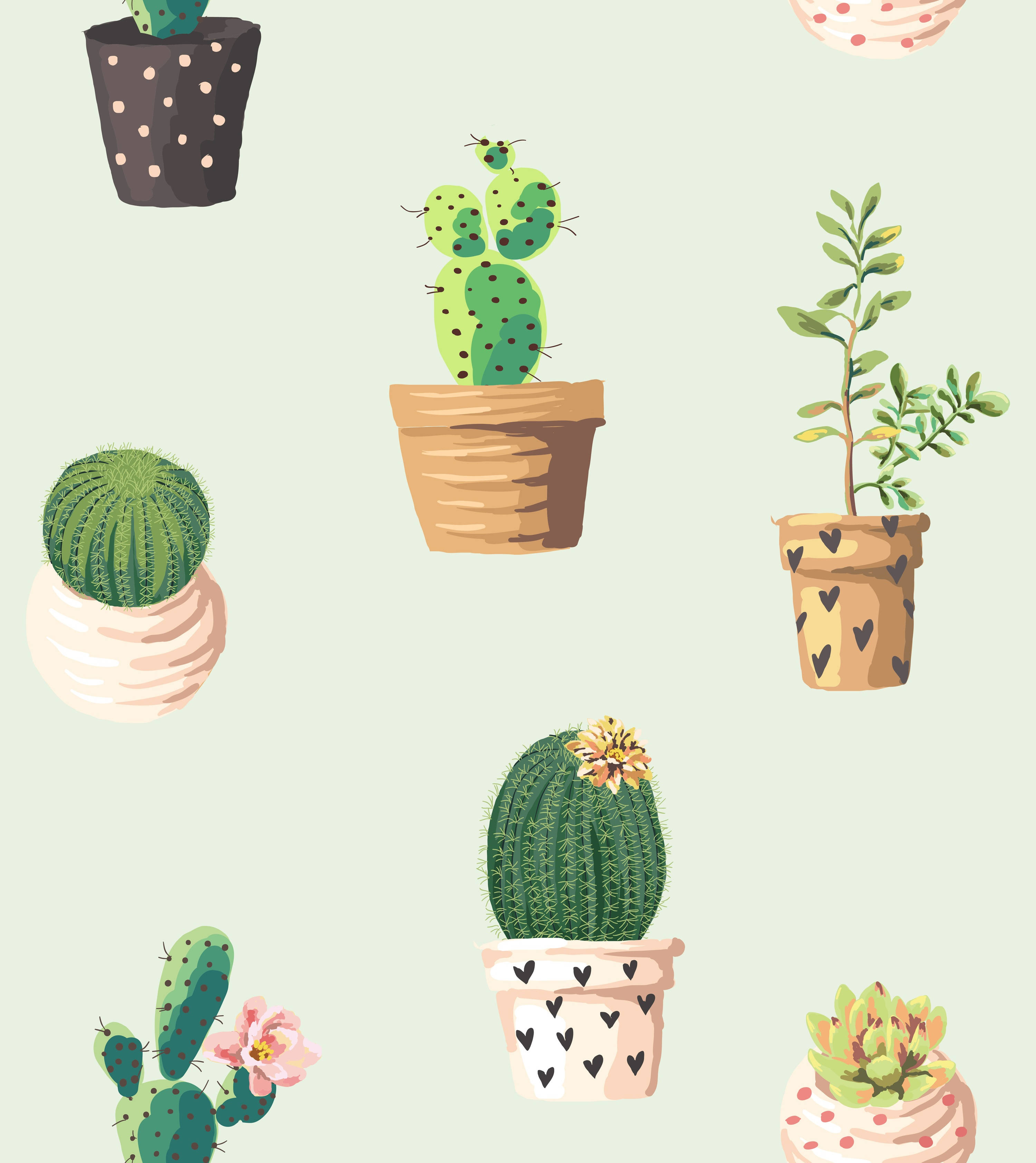 watercolor cactus top iphone, pastel pots, soft mint background, 2K Phone Wallpaper